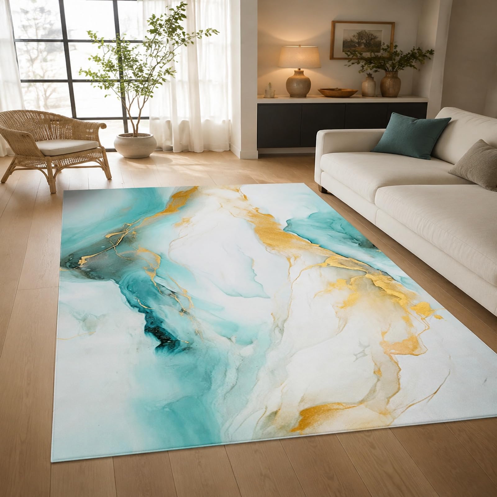 Tapis sous Chaises Salle à Manger, 140 x 180 cm, Abstrait Bleu Jaune Blanc, Tapis Decoration pour Table Basse Salon, Meubles Cuisine, Facile à Nettoyer,