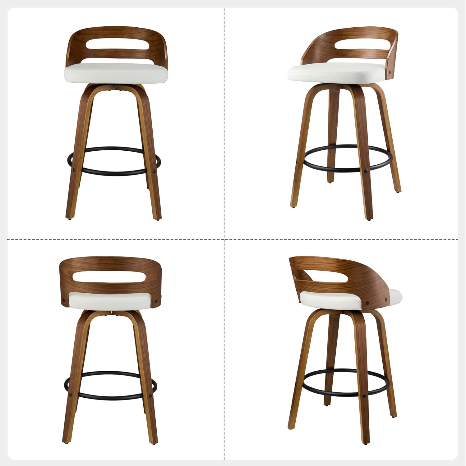 VipDesk 26" Swivel Bar Stools Set of 2, Mid-Century Modern Counter Height Chairs with Beige PU Leather, Curved Backrest & Footrest for Kitchen Island, Home Bar, Dining Room