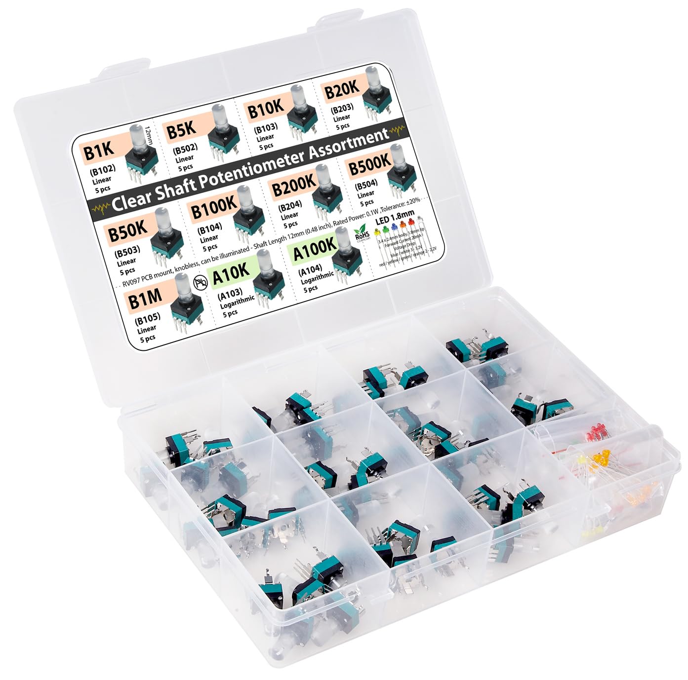 Clear Shaft knobless snap-in 12mm Vertical PCB RV097 Potentiometer Assortment for Illumation B1K B5K B10K B20K B50K B100K B200K B500K B1M A10K A100K Linear logarithmic SMD 9mm Body