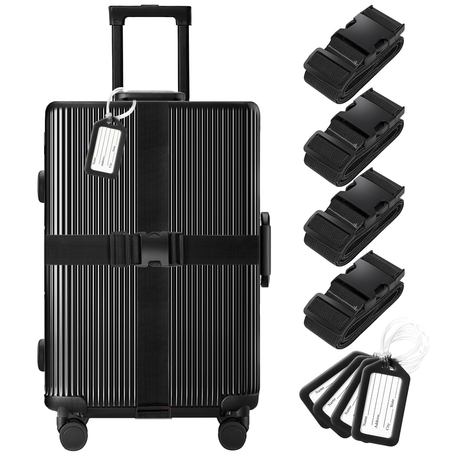 Photo 1 of 8 Pack Luggage Straps and Tags Set (4 Straps, 4 Tags), Luggage Straps for Suitcases TSA Approved Suitcase Belt Luggage Tags, Black