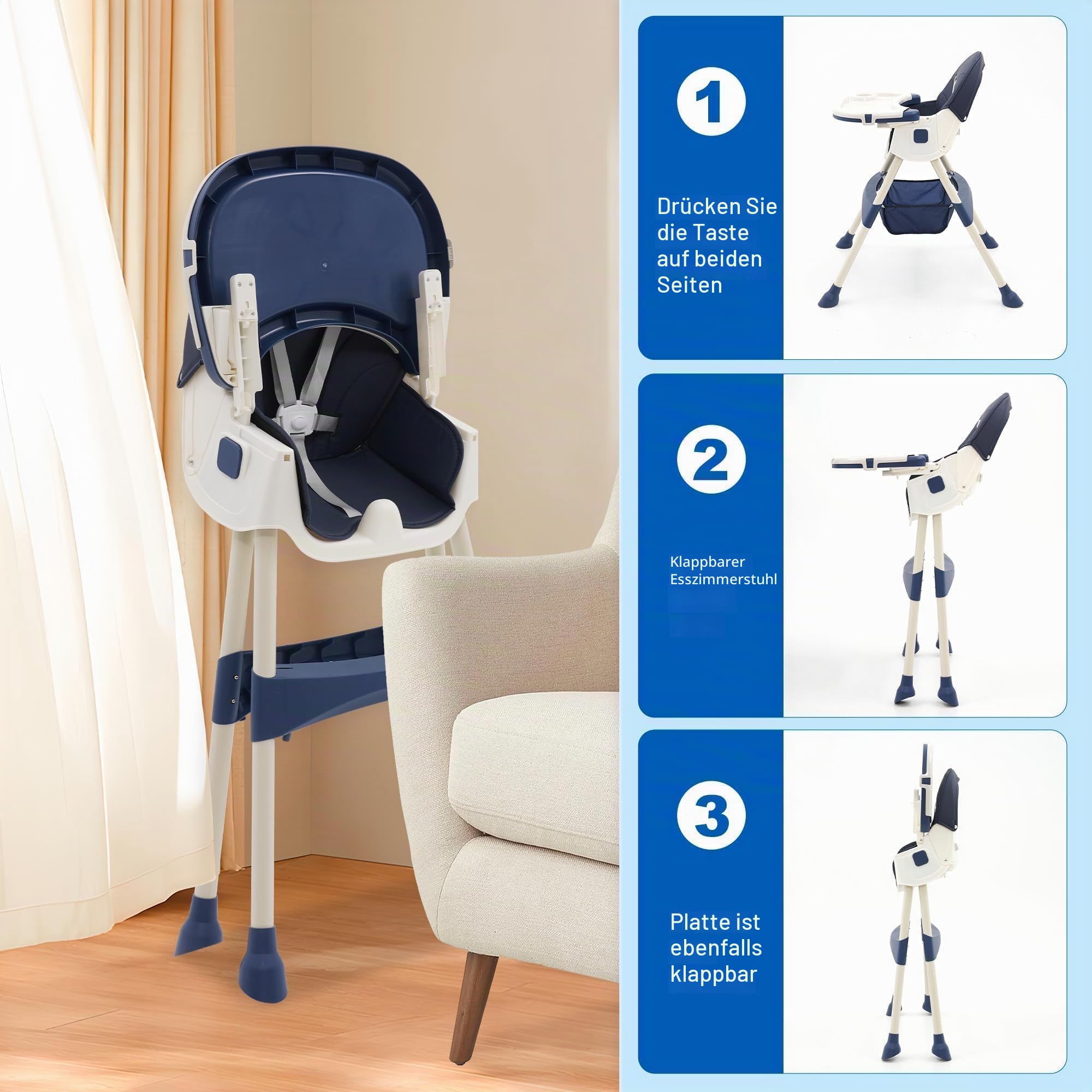 Hochstuhl Baby 5 in 1 Kinderhochstuhl mit Abnehmbares Tablett Hochstuhl Verstellbar Klappbar Babystuhl mit Liegefunktion Kombihochstuhl mitwachsend esszimmerstuhl ab 6 Monate kleinkinder (Blau)
