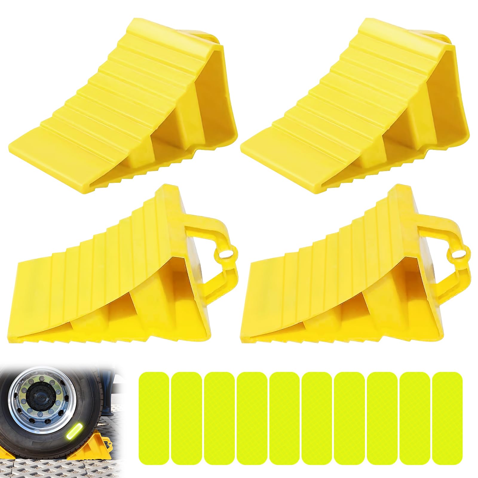 Lot de 4 cales de roue avec poignées, en plastique jaune avec 10 autocollants réfléchissants, cales de roue antidérapantes, en plastique jaune, pour voiture, caravane, camping-car, moto