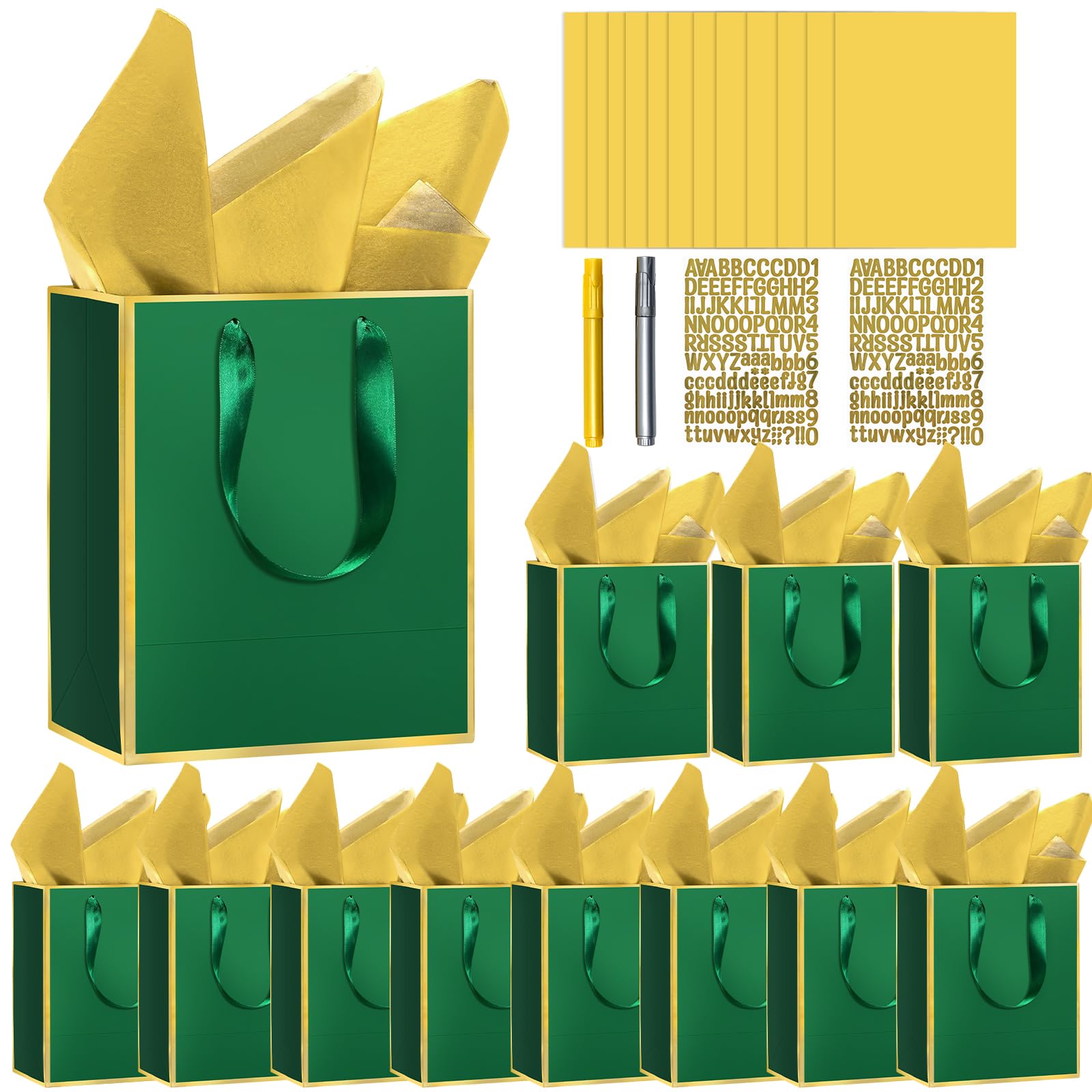 Lot de 12 sacs cadeaux en papier métallique avec poignées, papier de soie et stylos de peinture, 22,9 x 17,8 x 7,6 cm, sacs cadeaux à 5 sens avec étiquettes pour lui et elle, adaptés pour les