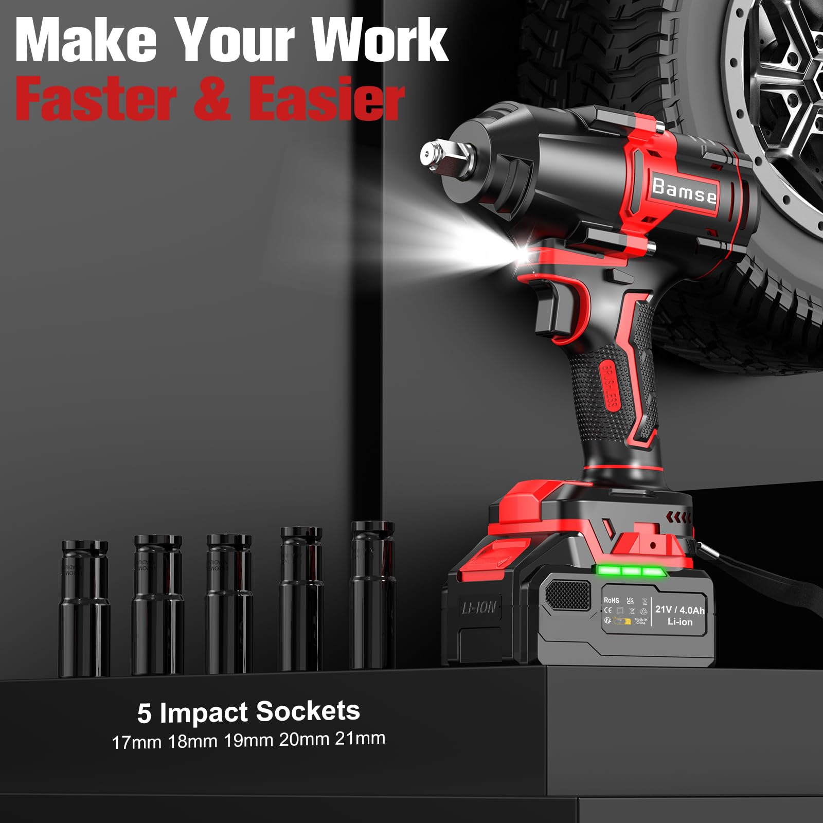Bamse Llave de Impacto Inalámbrica sin Escobillas 1000 Nm, 1/2" Llave de Impacto Eléctrica con Batería 4000 mAh, Destornillador de Impacto 5 Casquillos incluidos Potencia y Facilidad para casa/coche