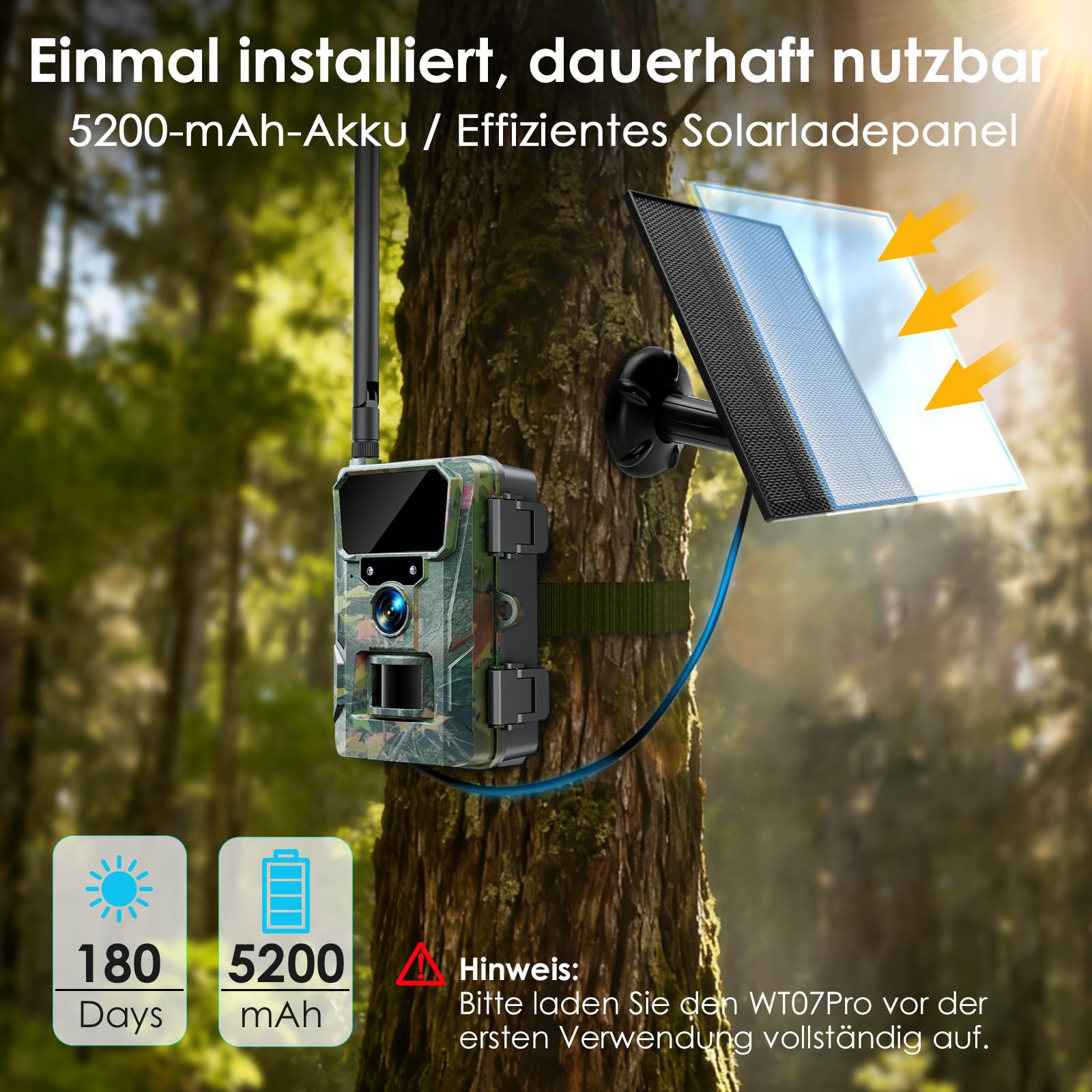 WOLFANG 4G/LTE Wildkamera Solar, 2K 48MP Live Übertragung Wildkamera mit Handyübertragung App, 5200H mAh Akku, Wildtierkamera mit Nachtsicht Bewegungsmelder mit 64G Speicherkarte IP66 Wasserdicht