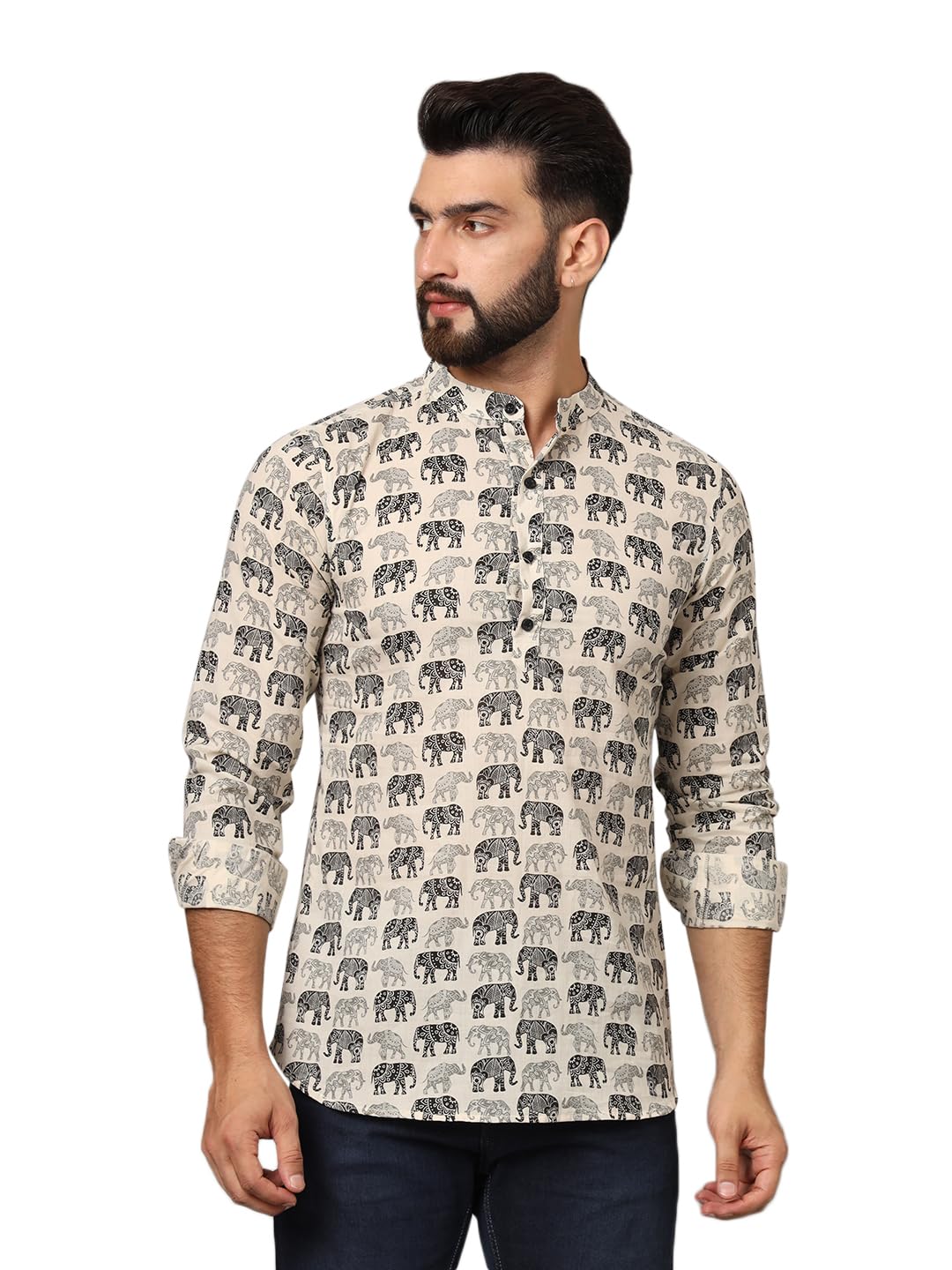 japer kurti Mens Cotton Cream Color Elephant Print Full Sleeves Short Kurta-picture-49