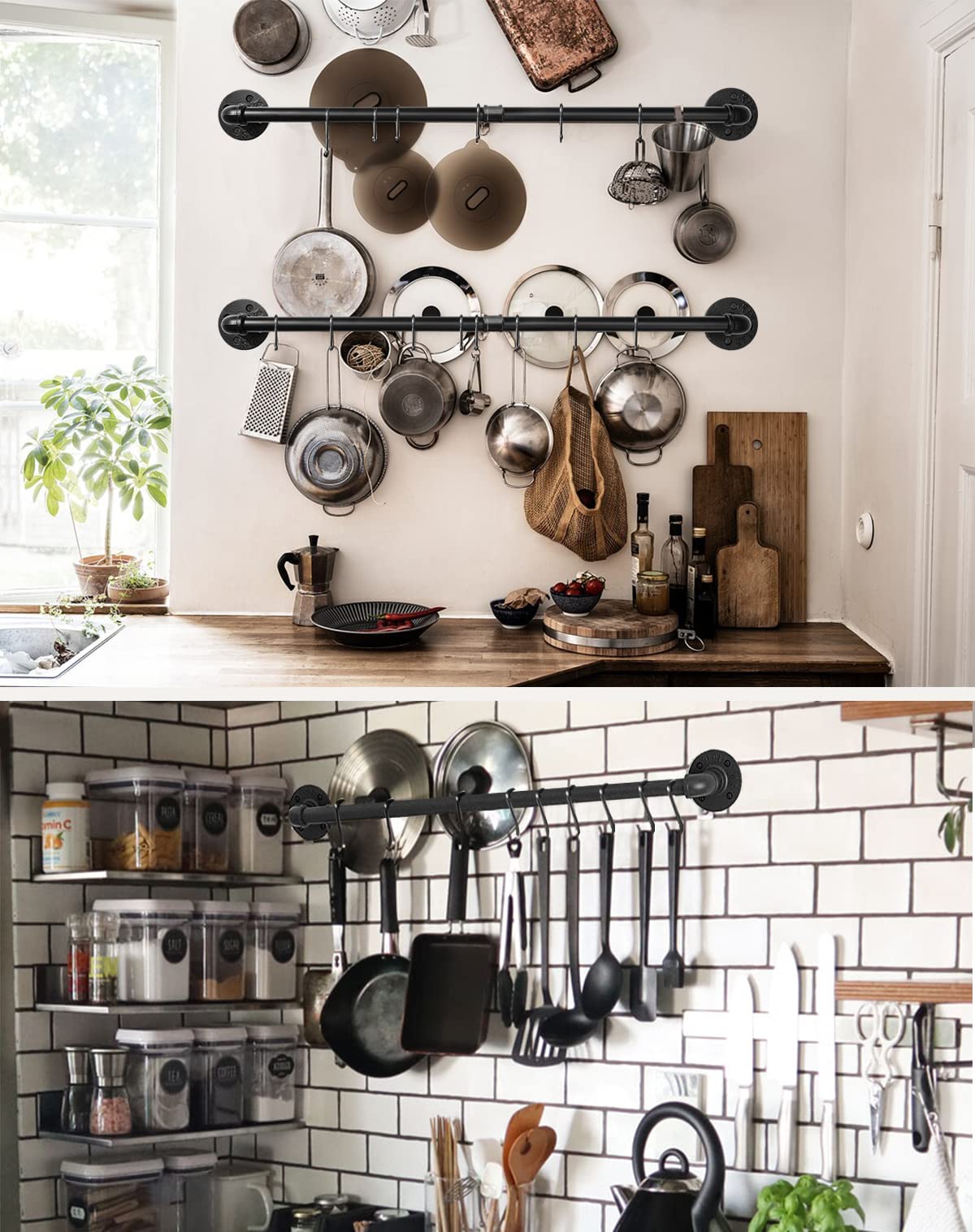 Estante industrial para ollas de 21 pulgadas (paquete de 2), colgadores de pared para ollas, colgador de tapa de riel colgante para cocina con 10 ganchos en S 7