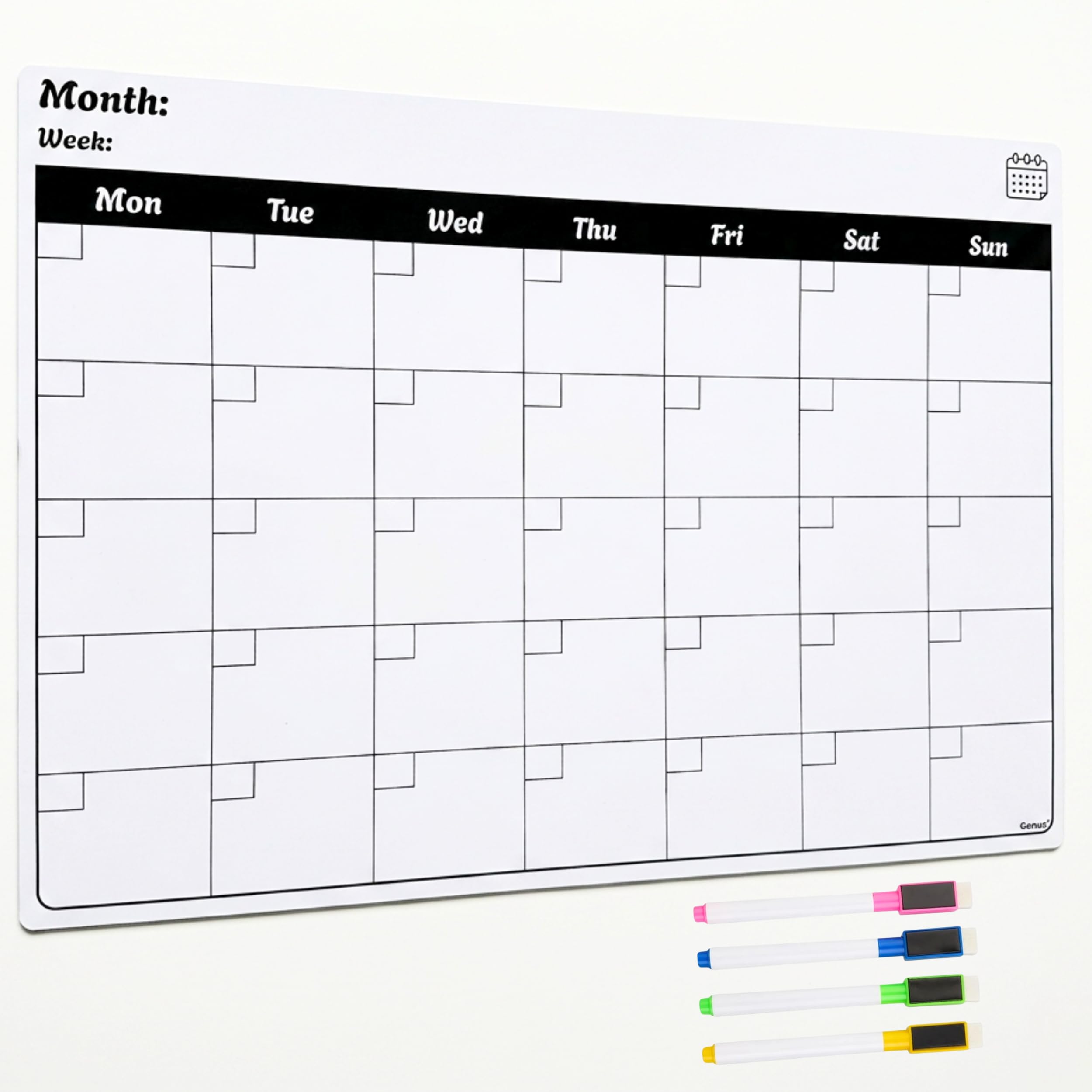 Genxon Magnetic Weekly Planner Fridge Board A3 Landscape (42 x 29.7 cm) Whiteboard with 4 Dry Wipe Markers – Kitchen Family Meal Planner, Office & Home Organisation Board