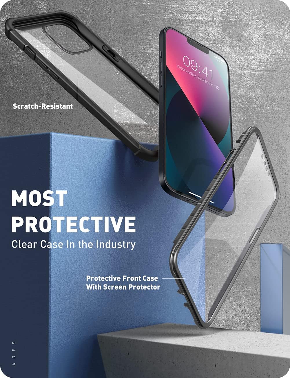 i-Blason Ares Series for iPhone 13 Mini 5G 5.4 inch (2021 Release), Rugged Clear Bumper Case with Built-in Screen Protector (Black)