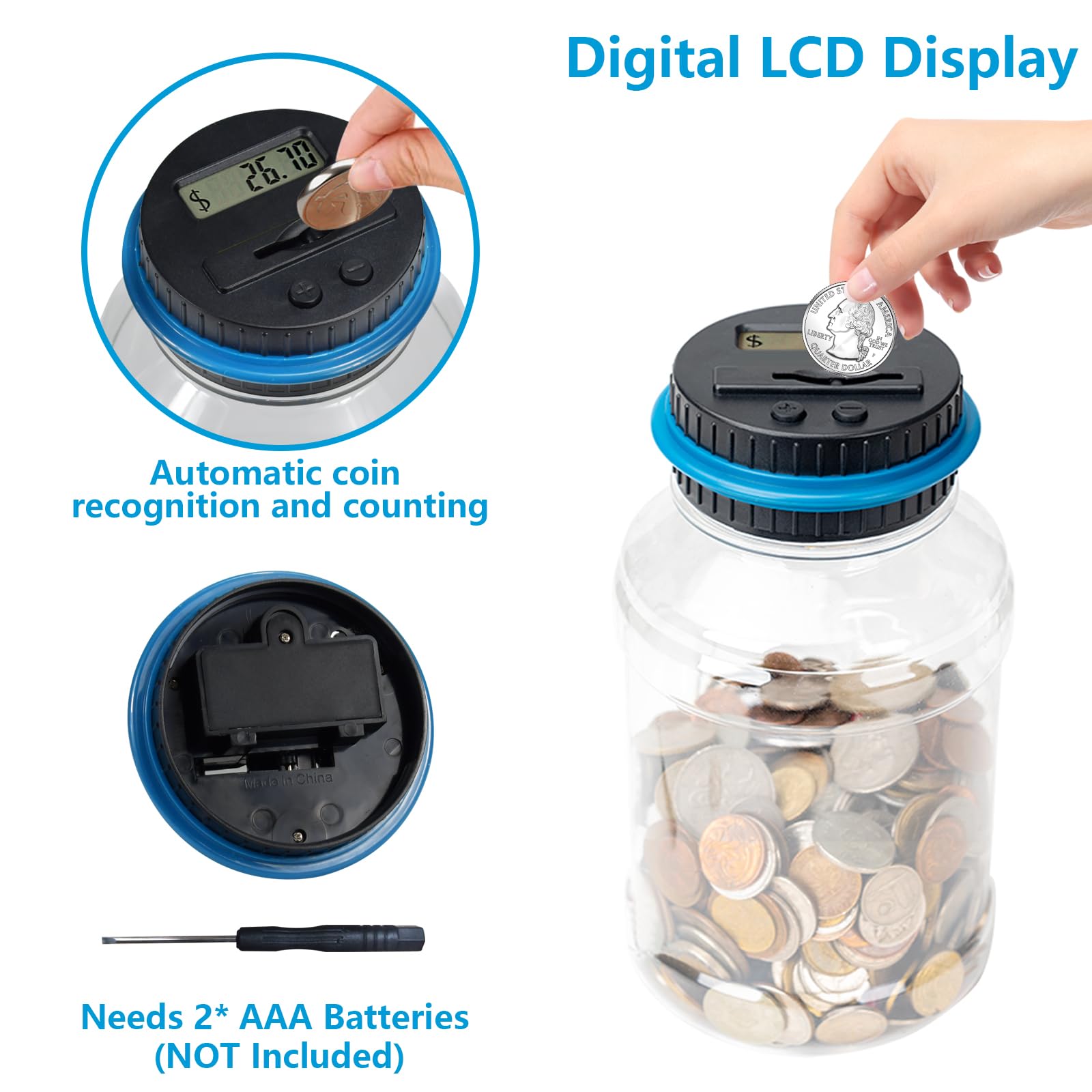 Totola Digital Counting Piggy Banks for Adults, 1.8L Capacity Coin Bank with LCD Counter Display, Transparent Money Coin Jar for Money Saving, Holds All US Coins, Ideal Gift for Boys Girls (Blue)