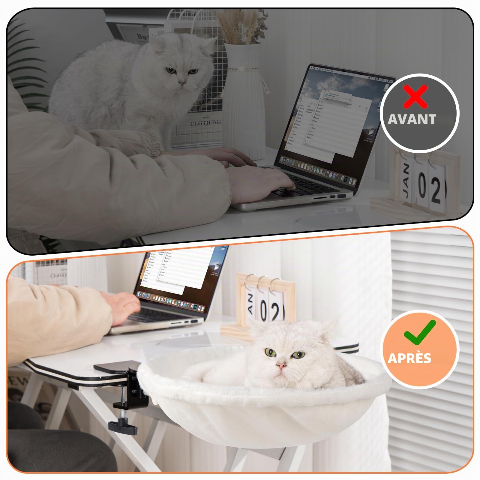 Uross Lit pour chat pour bureau - Pivotant à 360° et réglable en hauteur - Hamac souple pour chat avec 2 housses lavables - Espace de couchage pour chat pour le bureau à domicile - Utilisation toute