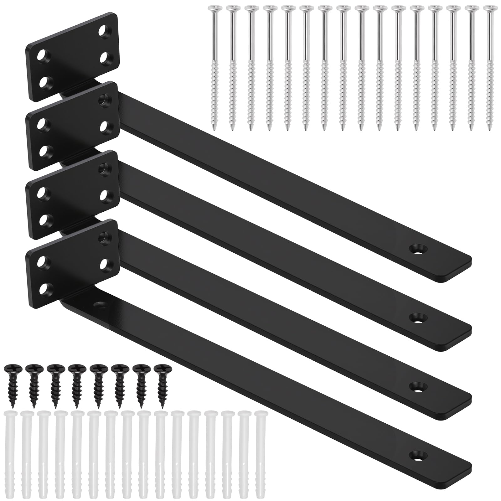 Swpeet 4 Pack 10 Inch Black Heavy Duty Hidden L Brackets, Floating Shelf Bracket, Blind Shelf Supports, Rustic Industrial Shelf Brackets with Screw and Anchors Kit for Table Work Bench