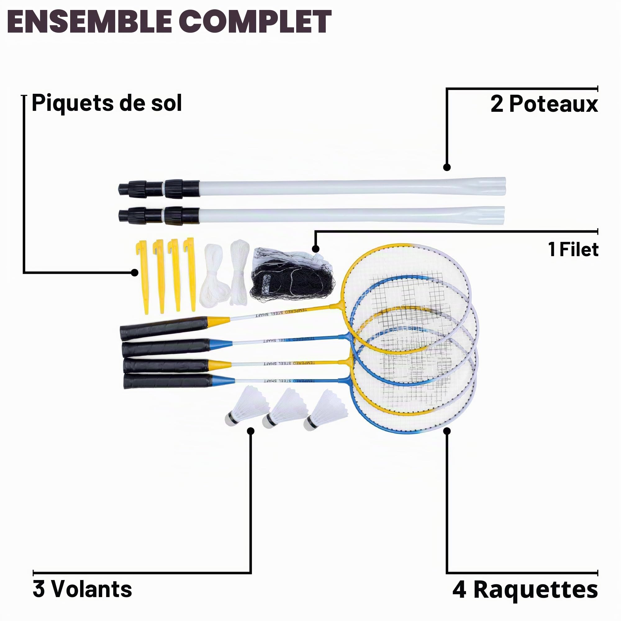 Baseline Ensemble de Badminton pour 4 Joueurs, Comprend 4 Raquettes, 2 Volants, Filet et poteaux, Jeu de Jardin en Plein air pour Enfants et familles, Portable avec Sac de Transport