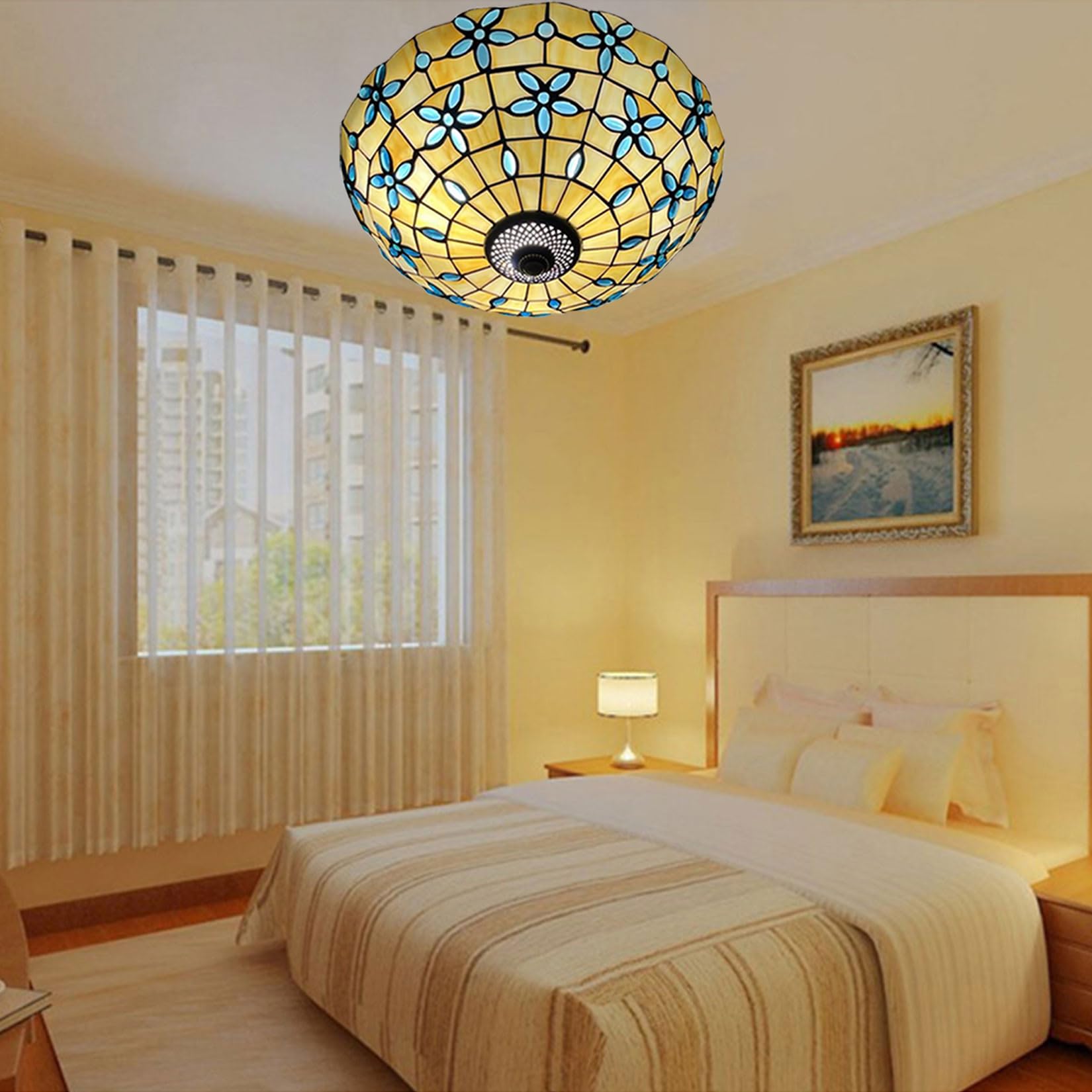 Aioneer Tiffany Ceiling Lights,Stained Glass Ceiling Light,Tiffany Flush Mount Ceiling Light For Bedroom Dining Living Room Entryway Foyer Hallway Kitchen,Mediterranean Ceiling L-Blue 2-16in