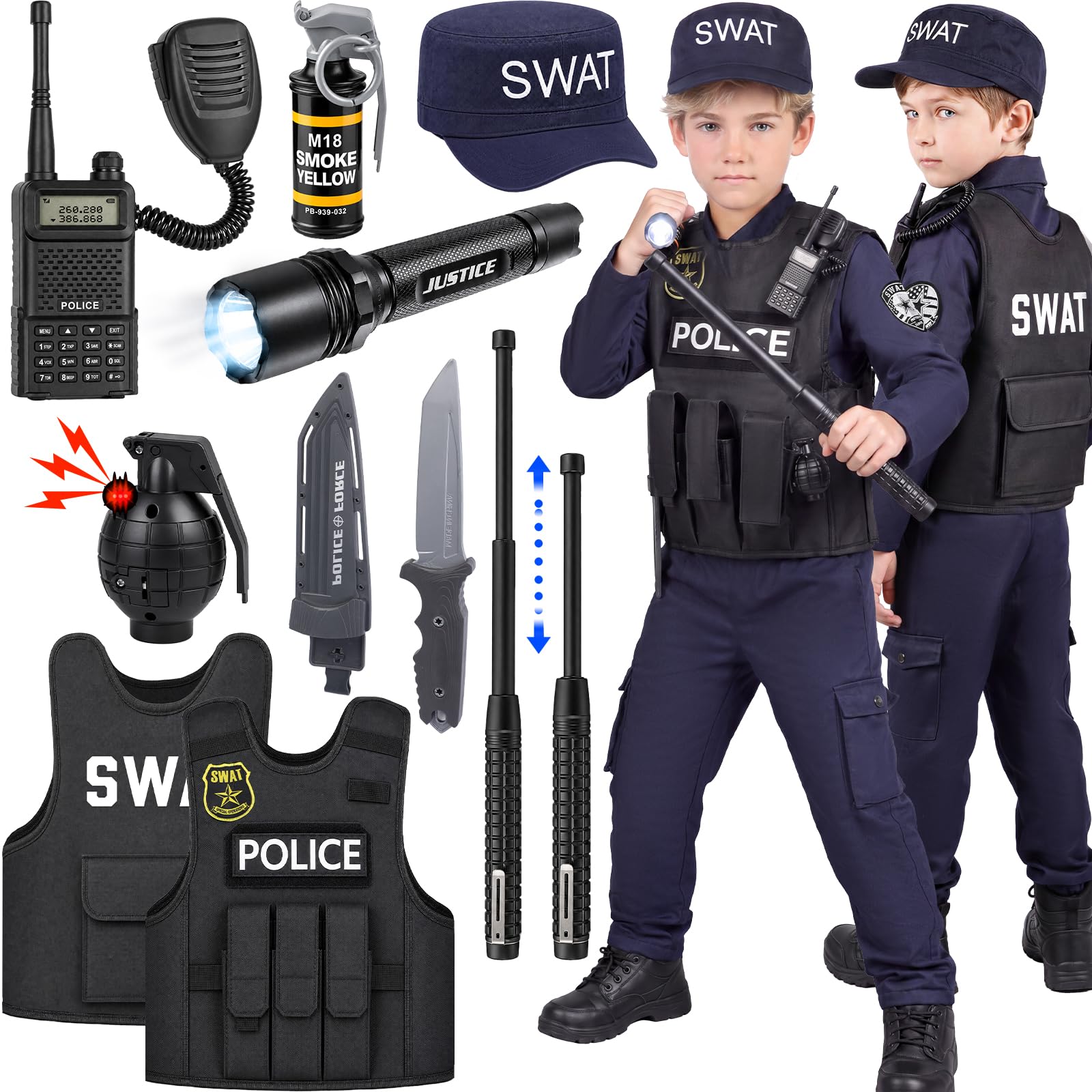 YADIYA Halloween SWAT Police Costume for Kids Boys Cop Costume Swat Vest