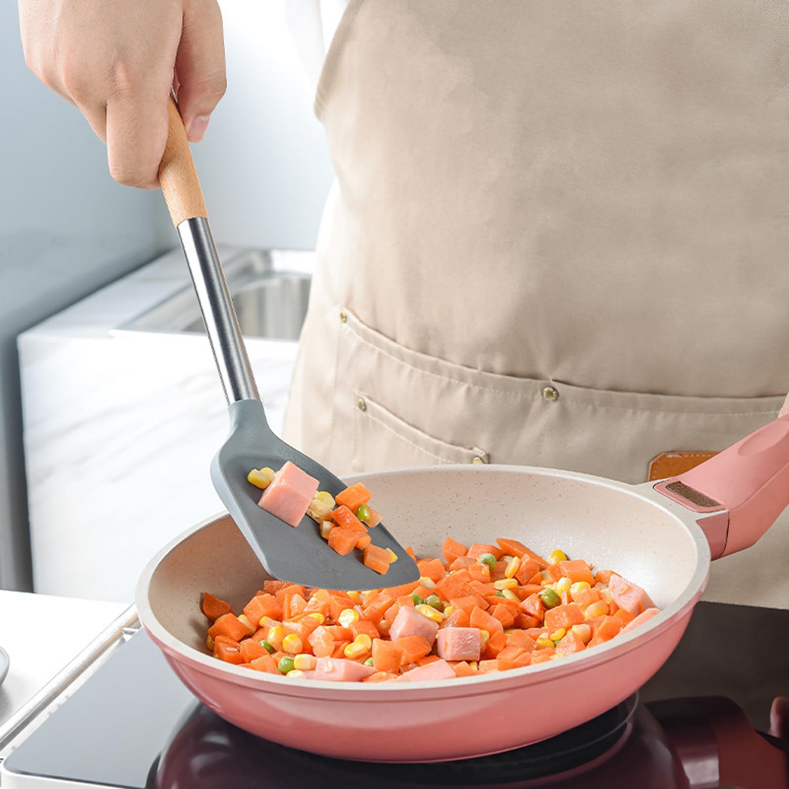 8 Stück Küchenhelfer Set, Silikon Küchenutensilien Set, Antihaft Hitzebeständiger Holzgriff Kochbesteck Mit Utensilienhalter, Silikonspatel Kochgeschirr Set, Spülmaschinengeeignet