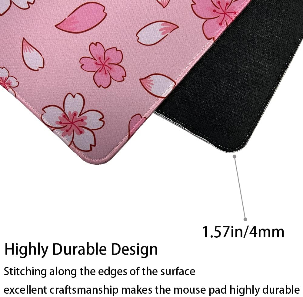 Cute Pink Cherry Blossom Large Gaming Mouse Pad, Japanese Keyboard Desk Pad Big Mousepad with Stitched Edges, and Non-Slip Rubber Base Desk Mat for Office Decor (31.5''X15.7''X1.57'')