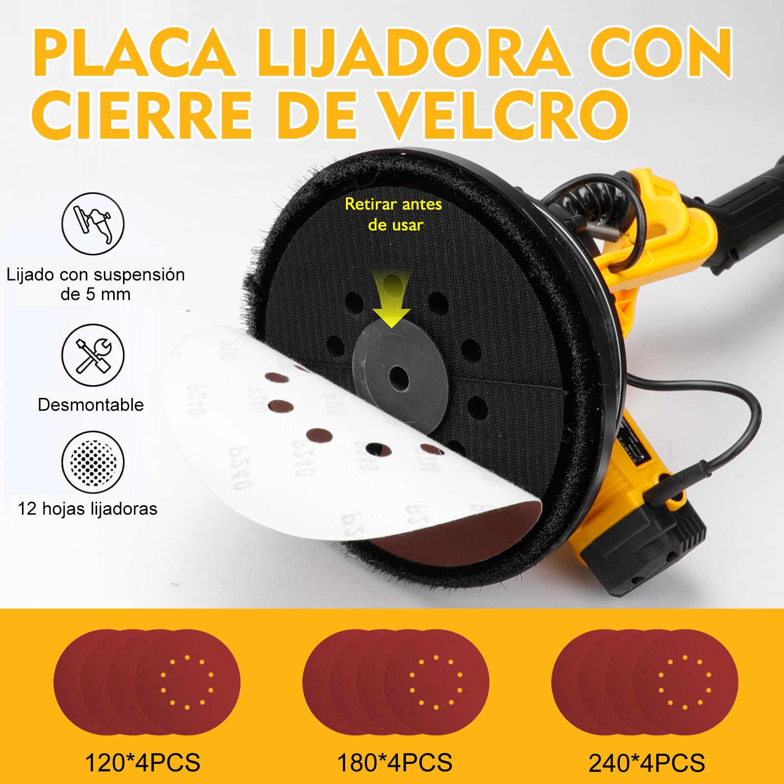 ZHJAN Lijadora de Pared y Techo 880W, 5 Velocidades Ajustables 1000-2100 RPM，Lijadora Jirafa con Sistema de Recogida de Polvo, Luz LED, 12 Discos de Lijado, Plegable y Extensible