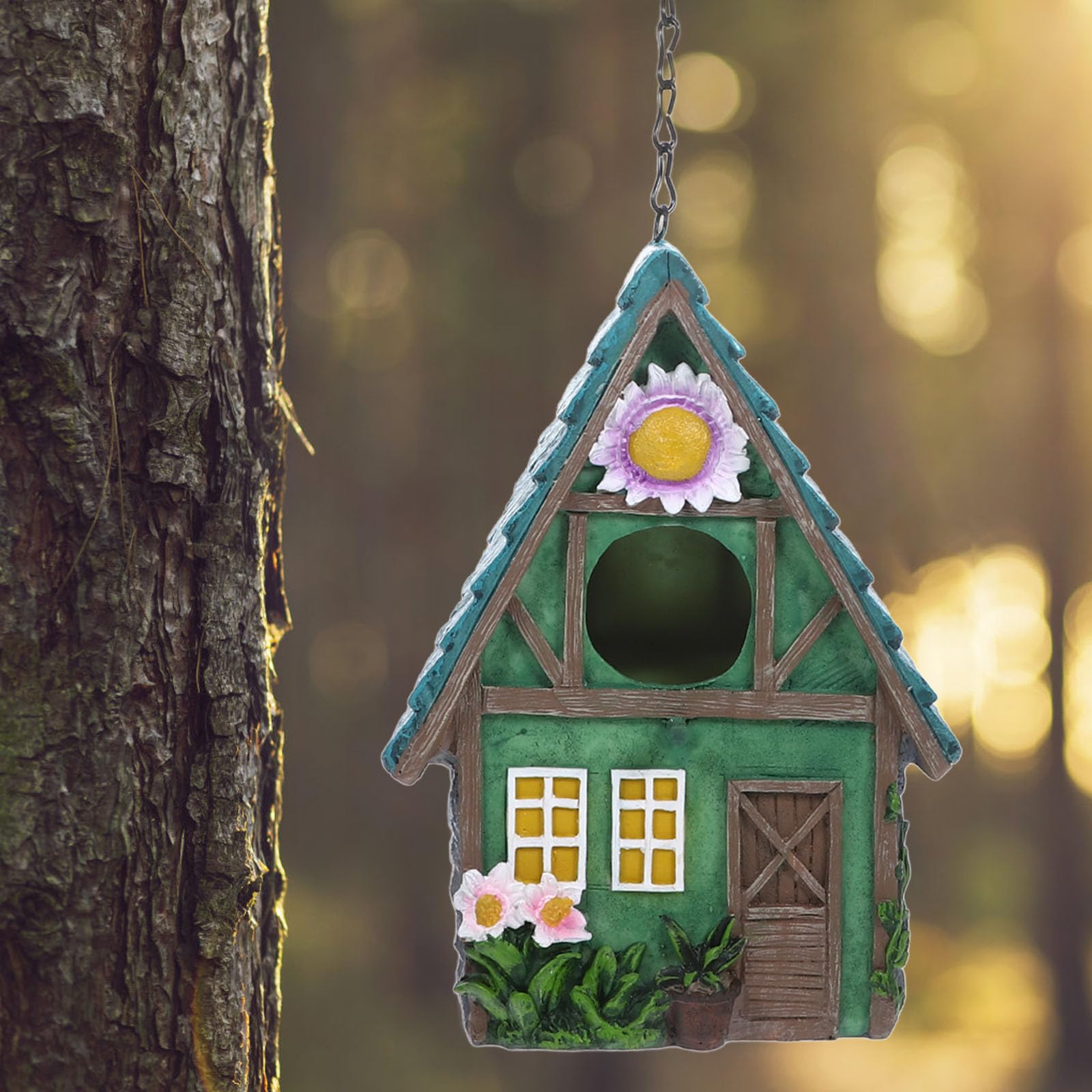 Casa para Pájaros de Resina Decorativa para Jardín Estilo Rústico, Fácil de Colgar y Refugio Cálido para Aves en Exterior