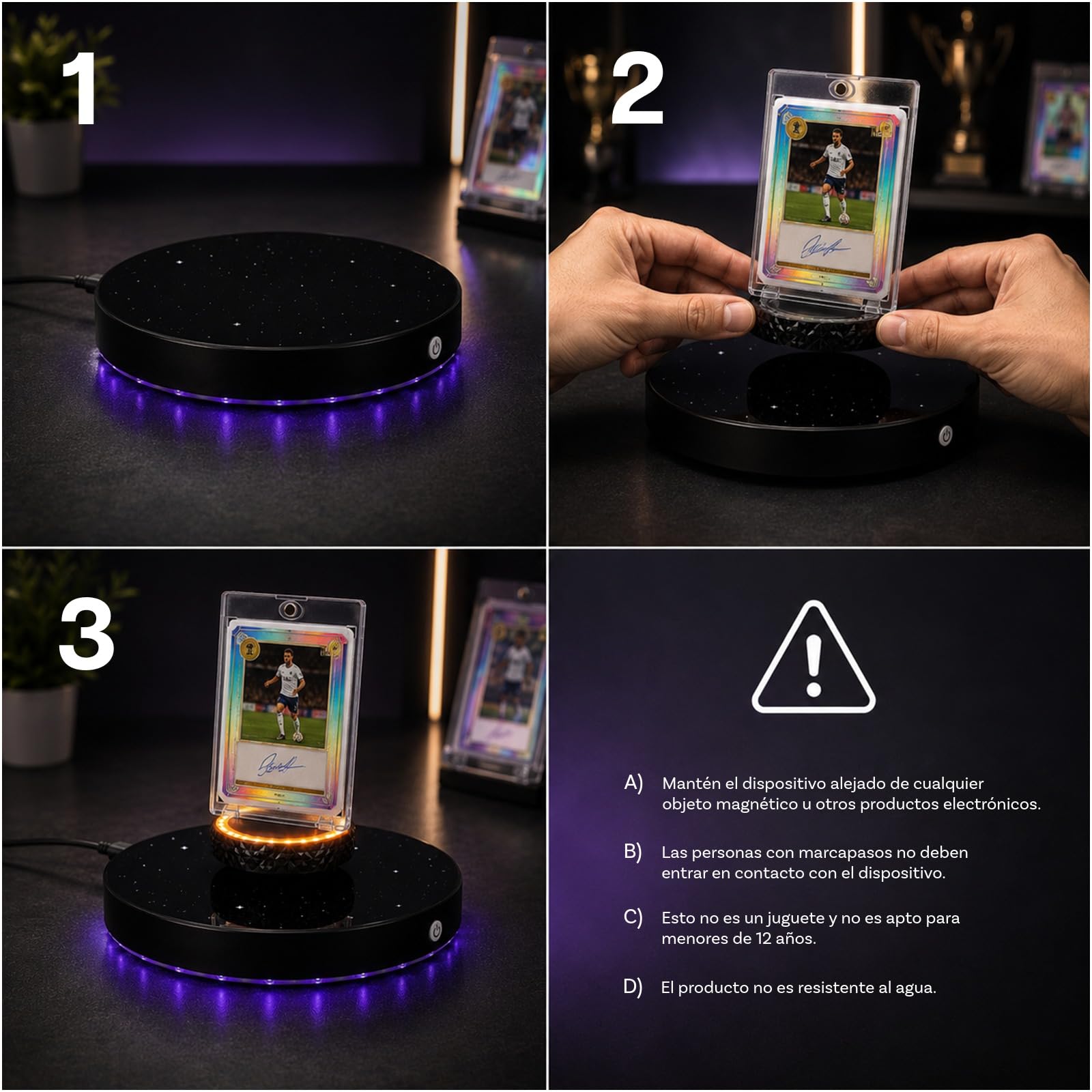 MMOBIEL Soporte de Exhibición con Levitación Magnética Flotante Giratoria 360° – Porta Tarjetas, Base LED y Adaptador – Tarjetas Coleccionables, Deportivas y Edición Limitada