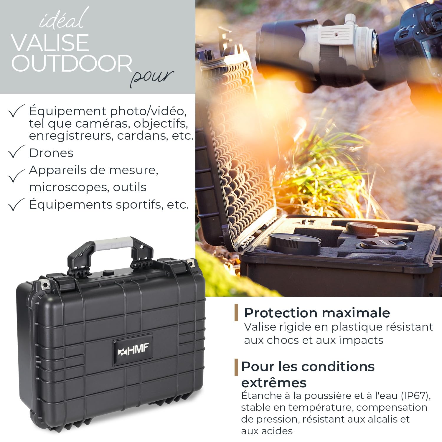 Mallette Rigide IP67 HMF ODK100 étanche Eau Poussière Mousse prédécoupée Valise Protection Photo Outils 41x32x17.5cm Noir