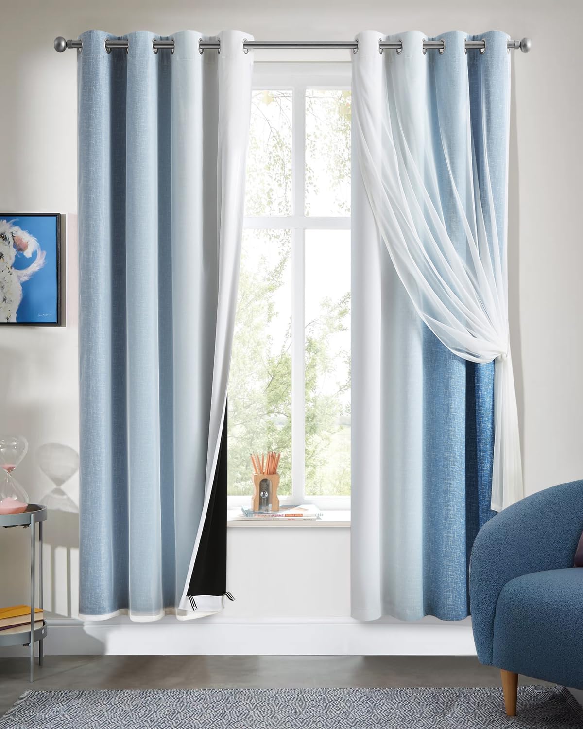 Geomoroccan Ombre 100% Blackout Curtains 72 Inches Long 2 Panels for Bedroom Living Room Blue and White Double Layer Sheer Overlay Mix & Match Grommet Thermal Soundproof Drapes with Tiebacks, 52x72