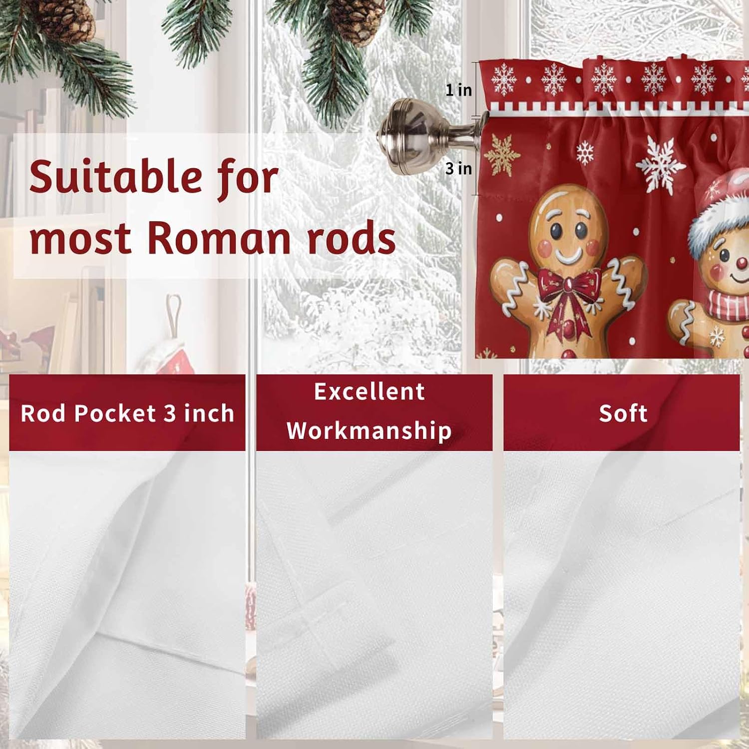 Christmas Gingerbread Man Cookies Valance Curtain for Windows, Red Merry Christmas Snowflake Rod Pocket Curtain Valances Short Window Treatments for Kitchen Bathroom Basement 54 x 18 Inch