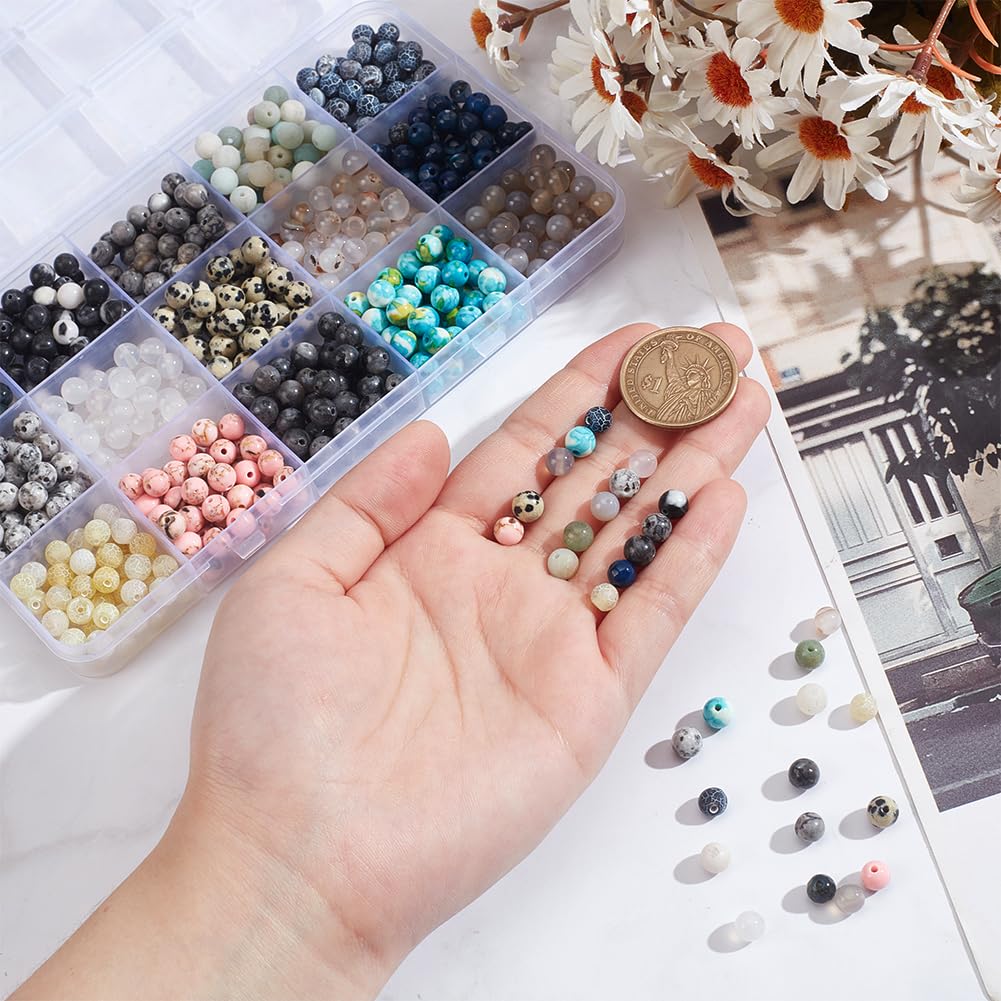 NBEADS 750 Stück 15 Stile Natürliche Runde Steinperlen, Gemischte Edelstein Perlen Kits 6mm Kristalle Edelstein Perlen Lose Spacer Perlen für Armband Halskette Ohrringe Schmuckherstellung, Loch: 1mm