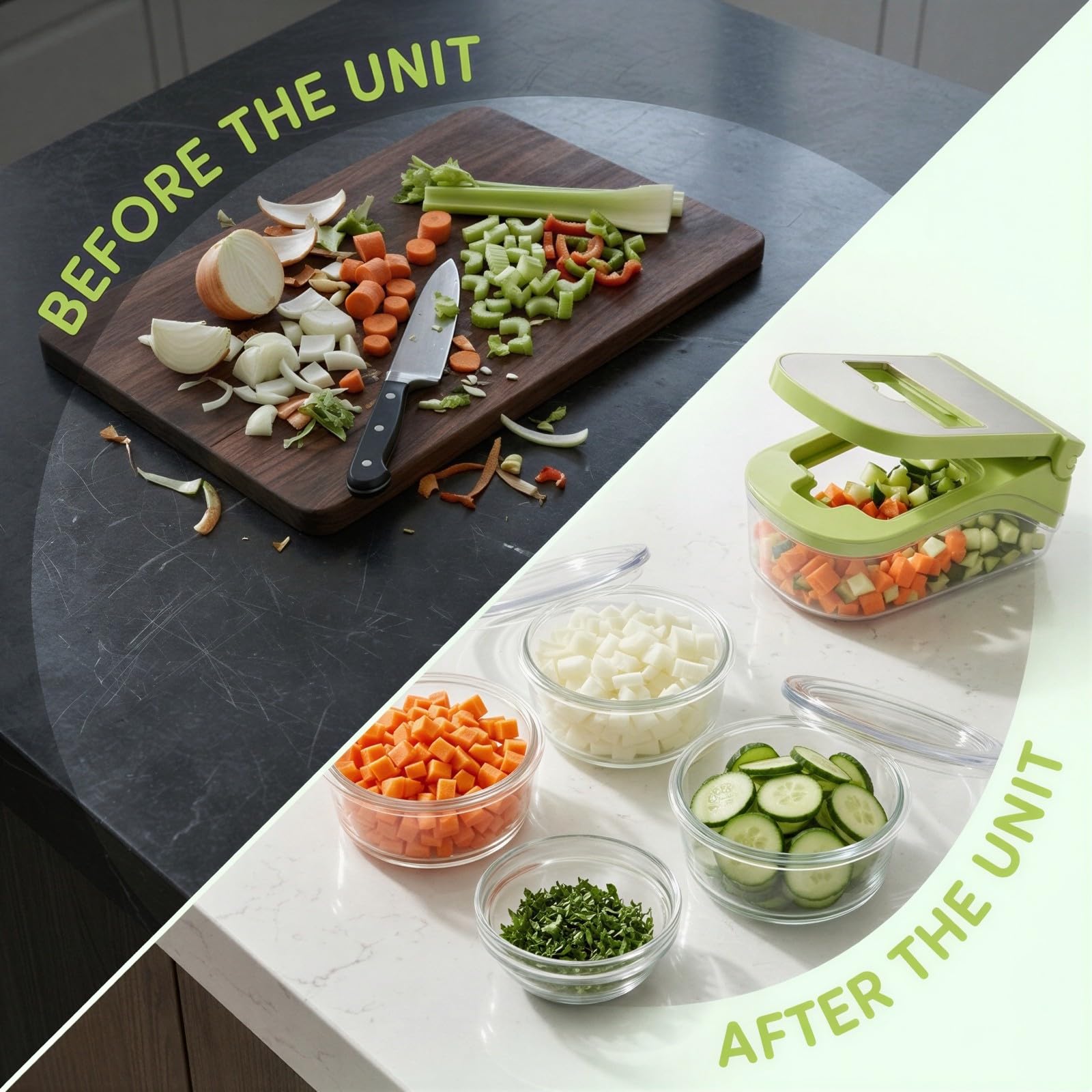 Gemüsezerkleinerer 17-in-1, Food Chopper mit Behälter und Eiertrenner, Obst- und Gemüseschneider, 9 Wechselklingen zum Würfeln, Schneiden und Reiben von Zwiebeln, Kartoffeln, Karotten und Gurken