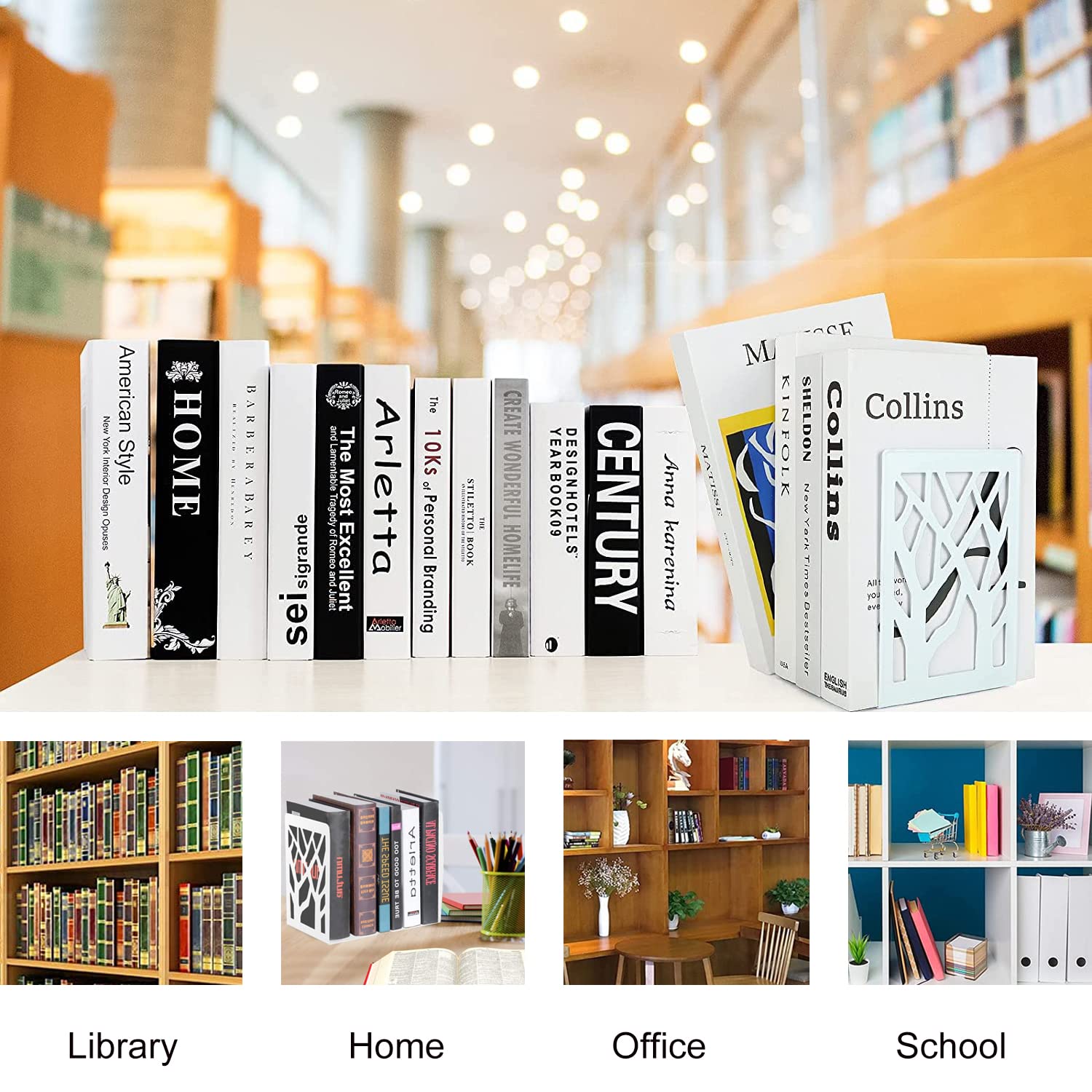 3 Pares Sujetalibros Estanteria, Sujeta Libros Metal Apoya Libros para Estanteria Soporte Libros Decorativo Tapones para Estantes de Libros para Oficina Biblioteca Hogar Escuela (Blanco)