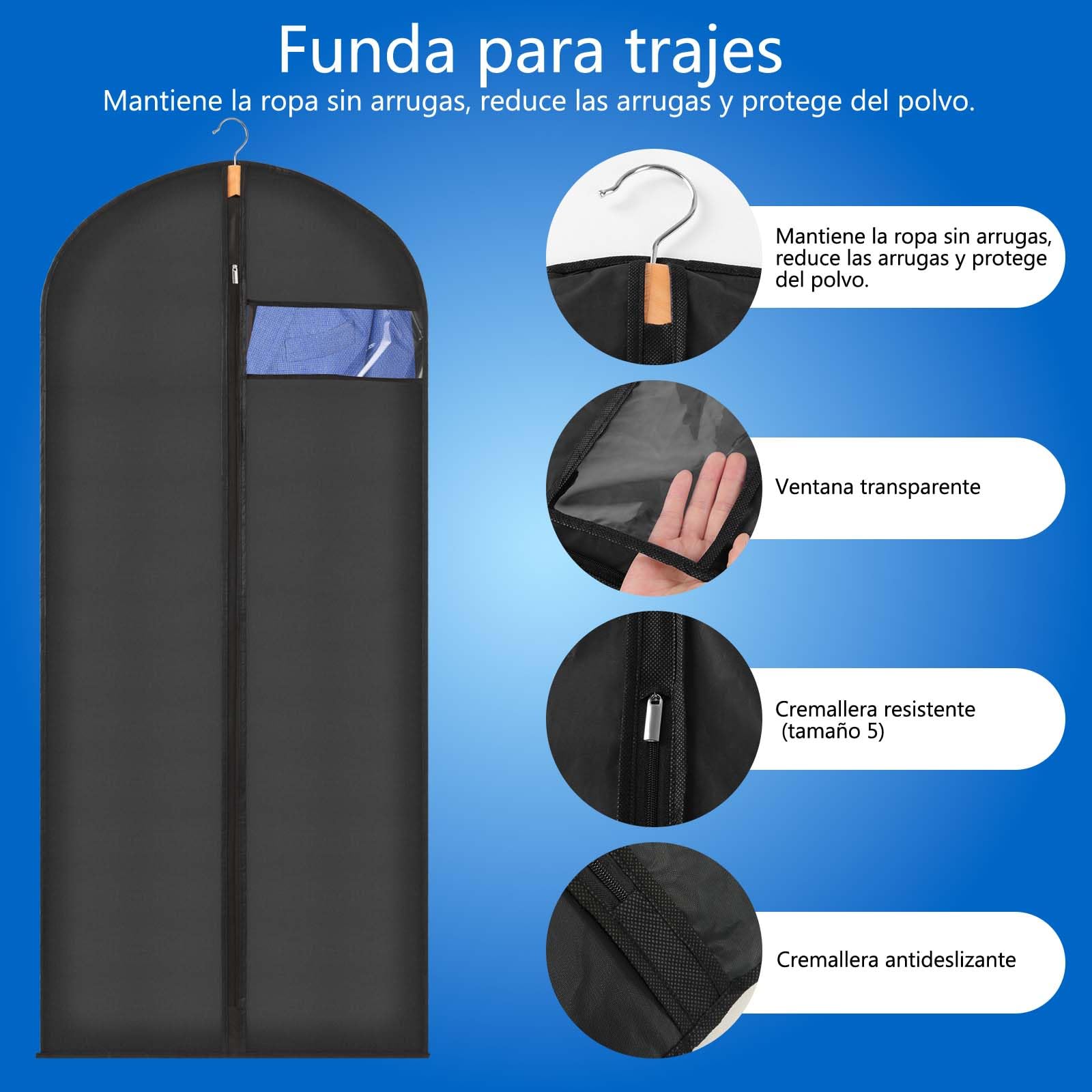 Sevenpers Fundas Ropa Armario Negro 60x140cm Juego 6, Antipolvo Antihumedad Antipolillas, Funda Larga con Cremallera, Transpirable Bolsa de Ropa para Abrigos Invernales y Vestidos Grandes — view 4