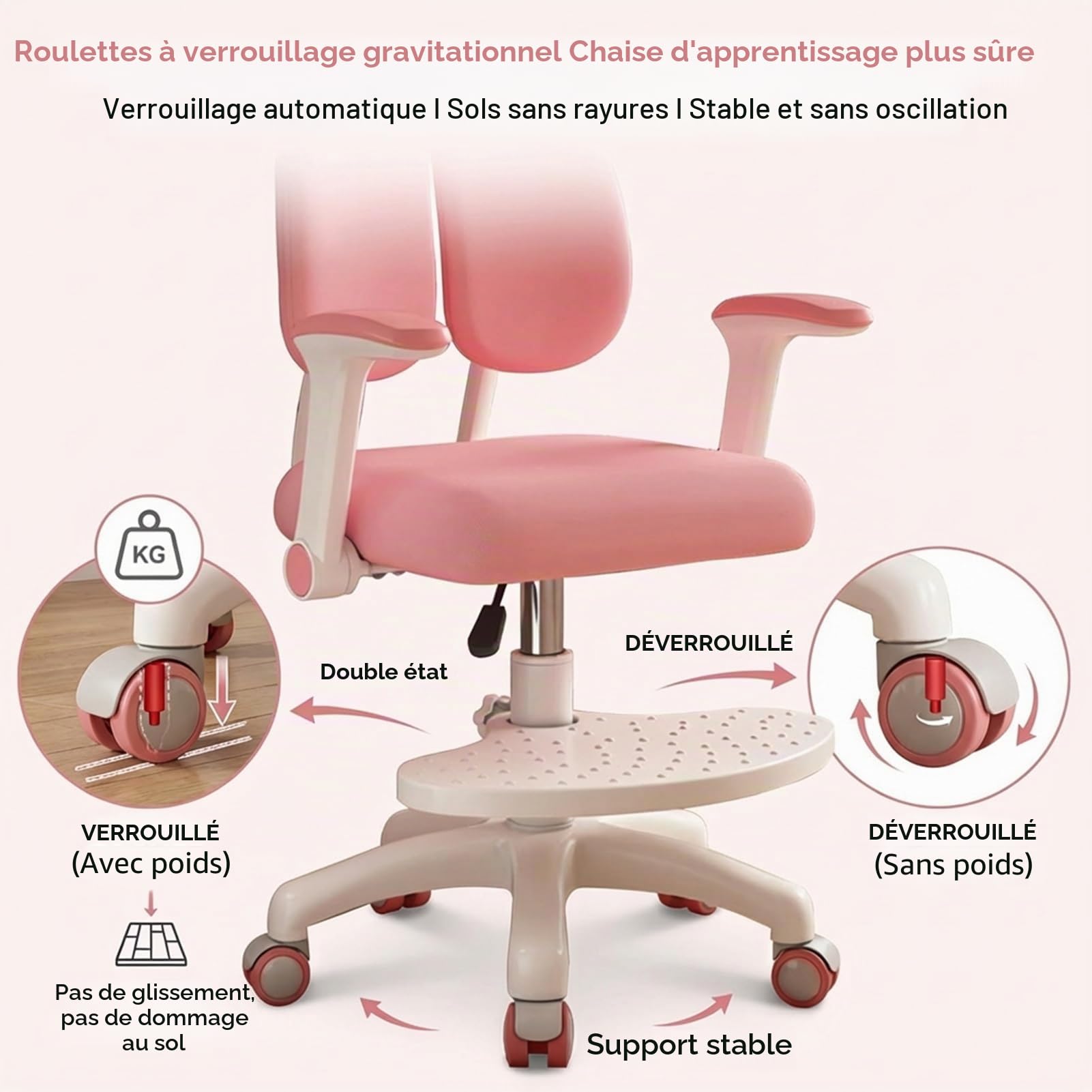 Chaise de bureau améliorée pour enfants, chaise d'ordinateur réglable pour enfants, chaise d'étude réglable en hauteur avec roues à 360 degrés, siège ergonomique pour enfants, double soutien dorsal