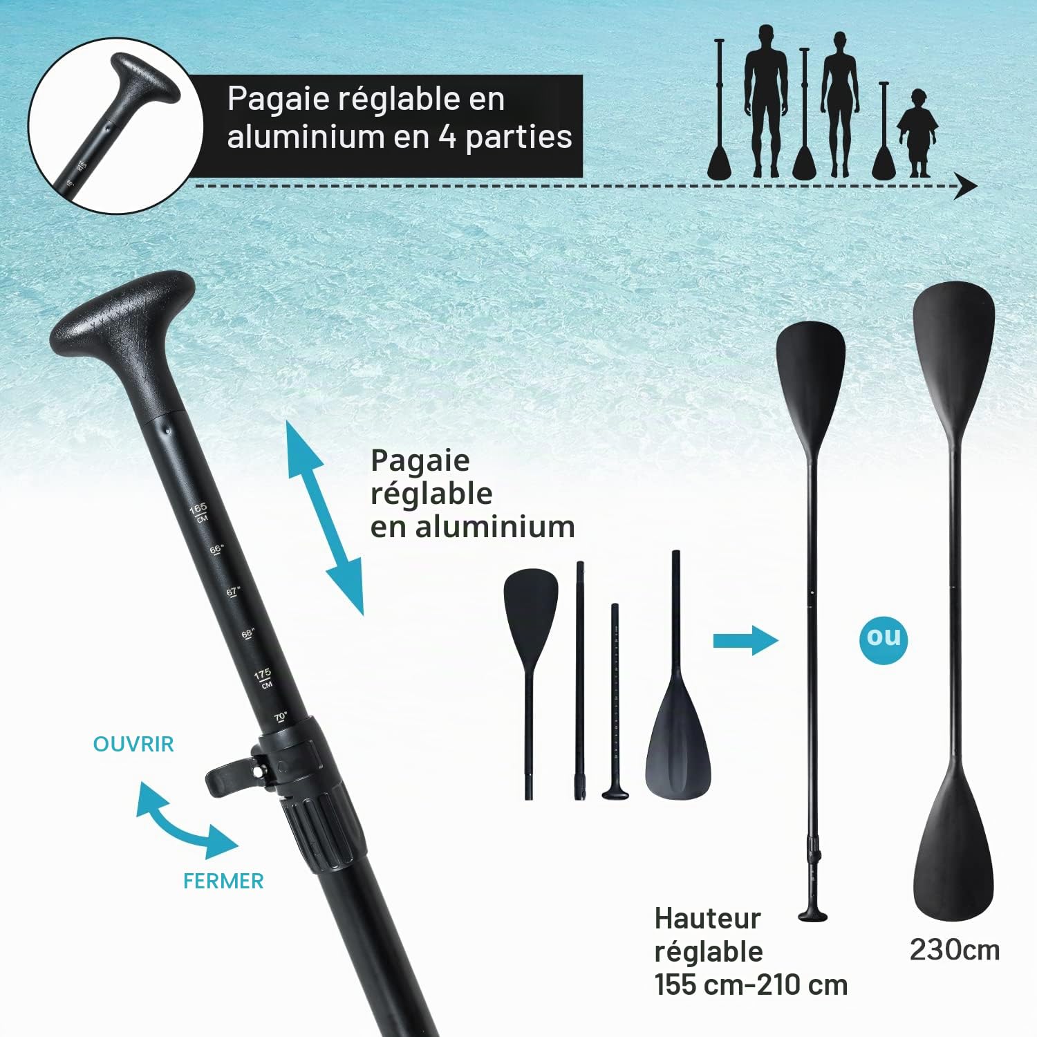 YU YUSING Pack Complet – Paddle Gonflable Adulte 335cm, Planche Stand up Paddle Gonflable 2 Personnes, Sac à Dos, Siège Kayak, Pagaie Aluminium, Support Caméra, Pompe, Tous Niveaux, jusqu'à 150 kg