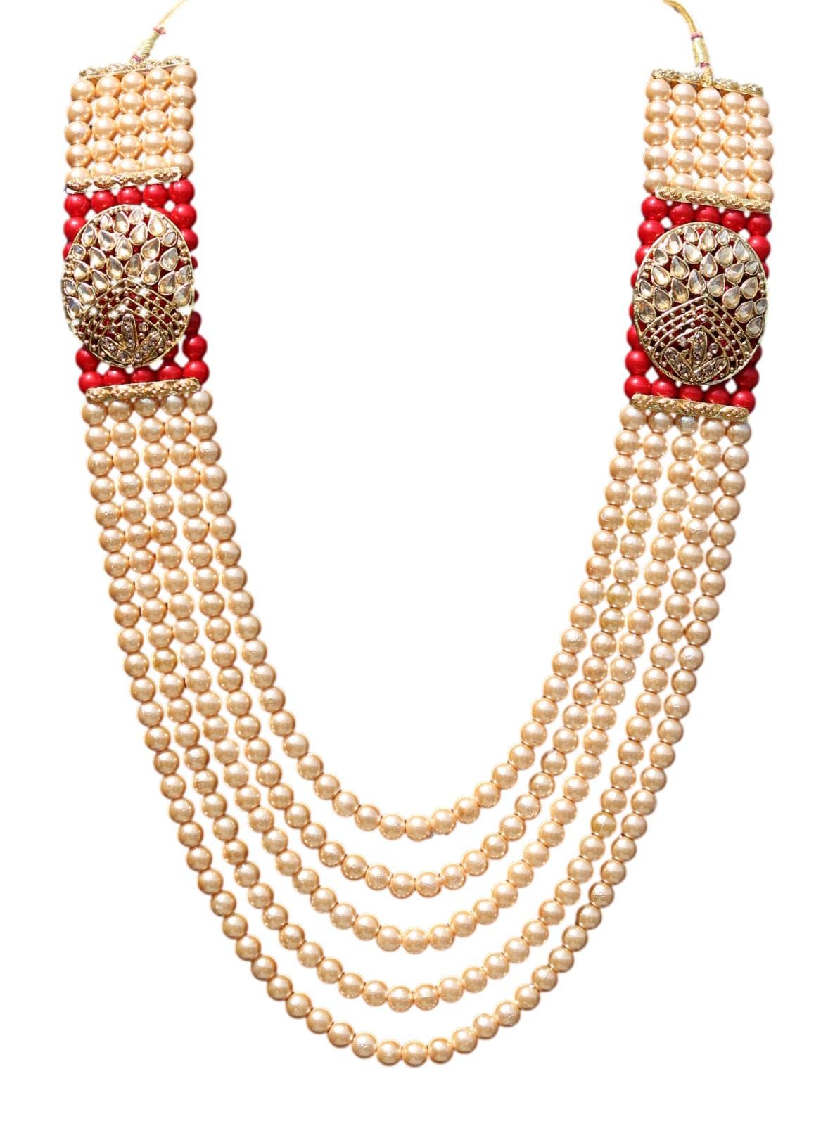 Geetanjali One Store India Handmade Pearl Stone and Studded AD (American Diamond) Necklace For Men and Groom For Wedding (DM - 7871)
