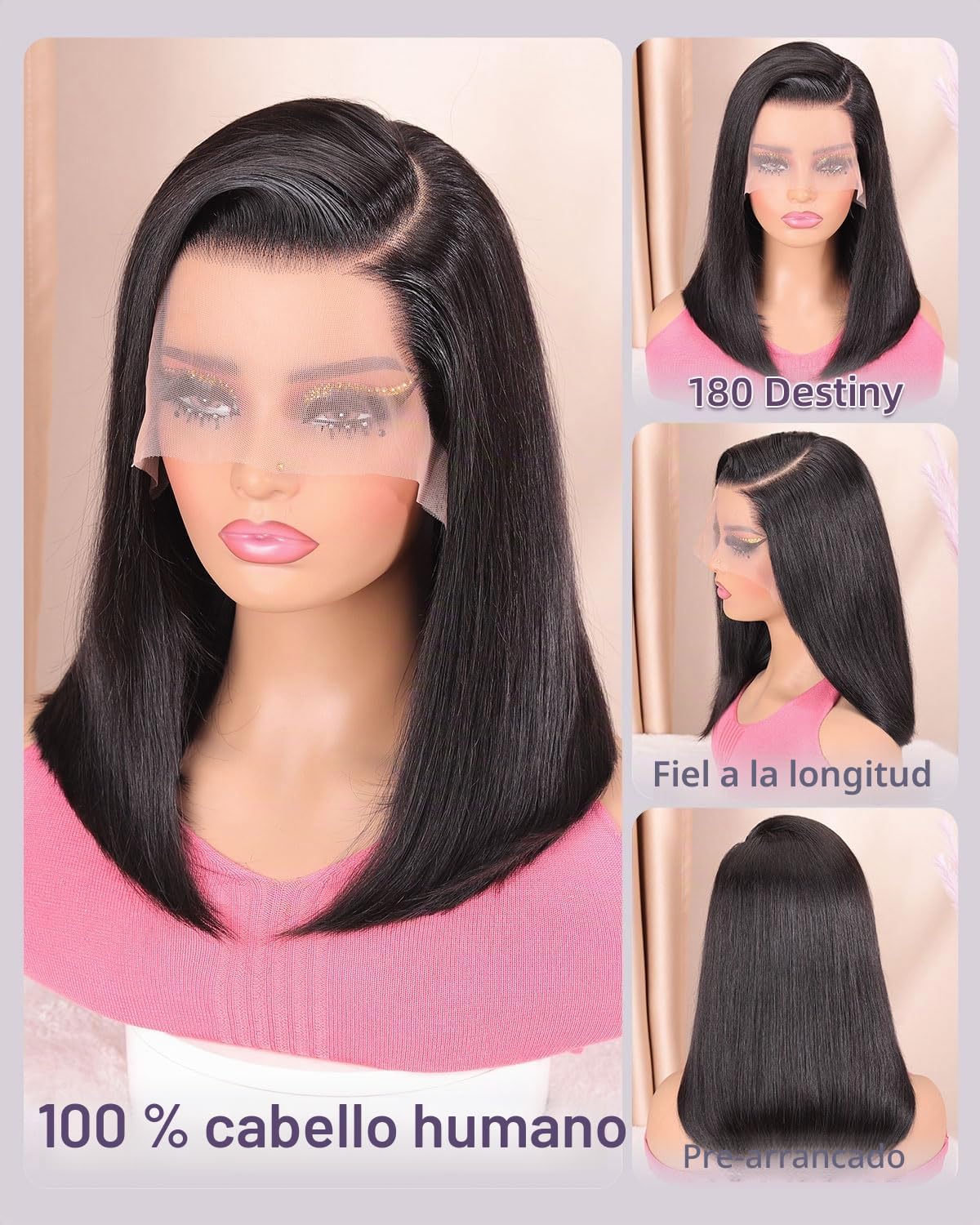 HUIWANYAN Hihmarm Peluca de cabello humano con encaje frontal HD de 33 x 10,2 cm, sin pegamento, predepilada, corto, estilo bob, para mujeres negras, línea capilar natural, densidad del 180%, 35,5 cm