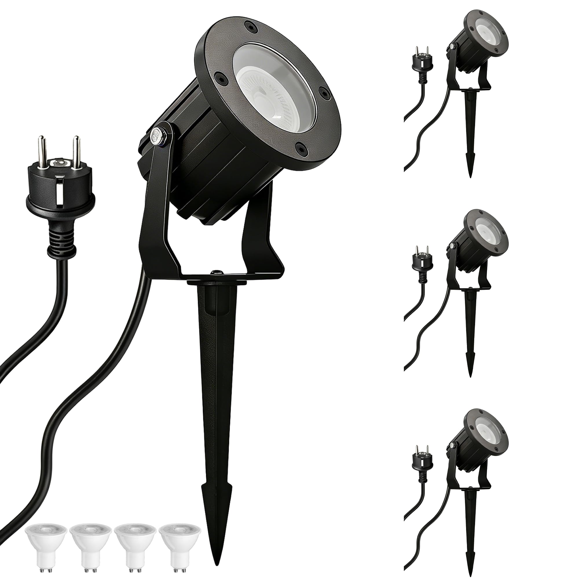 LED Gartenstrahler mit Erdspieß für Außen, IP65 wasserdichte Gartenbeleuchtung mit Strom, schwenkbar, inkl. 5W GU10 3000K Warmweiß, 2m Kabel mit Stecker, Schwarz, 4 Stück