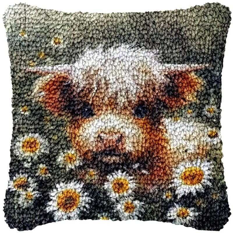 Highland Cow Baby Latch Hook Kits Pillow DIY Rug Crochet Hook Cushion Making Kits Printed Pattern Canvas Pillowcase Hooking Kits Pillow Cover Crochet Kits 43x43cm(j08), HUAN 43HAW PL08