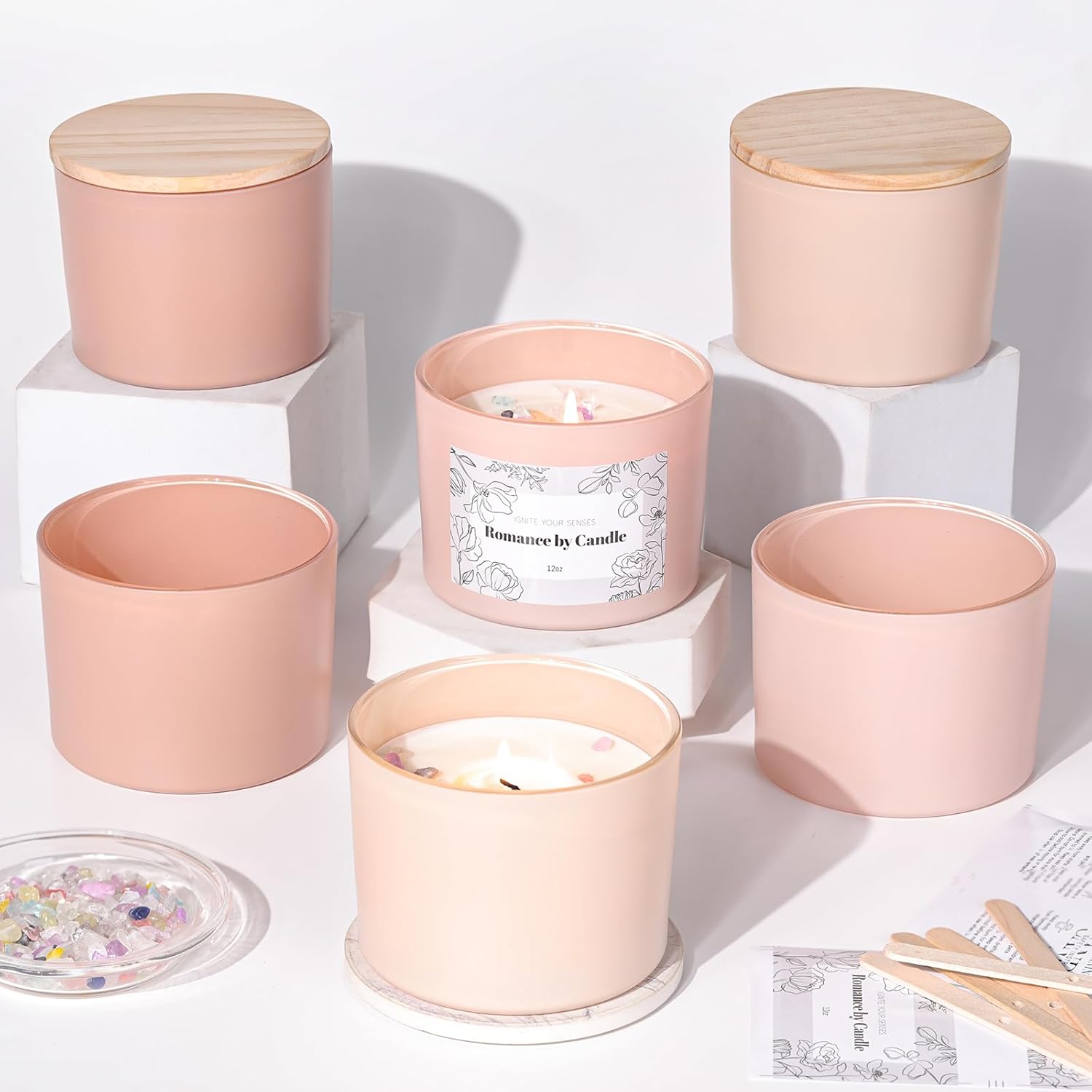 6Pcs Assorted Camel Candle Jars for Making Candles, 12oz Empty Candle Jars with Bamboo Lids,Labels and 100g Crystal Rocks, Glass Jars for Candle Making Supplies, Candle Containers for DIY Gifts