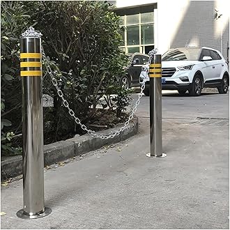 LNNW Parking Bollard Fixed Car Park Bollard 2 pack, Stainless Steel Parking Barrier Car Park With 3m Metal Chain For Parking Lots, Schools for Parking Lot/Road Traffic/Construction Site(76x600MM-2pcs)