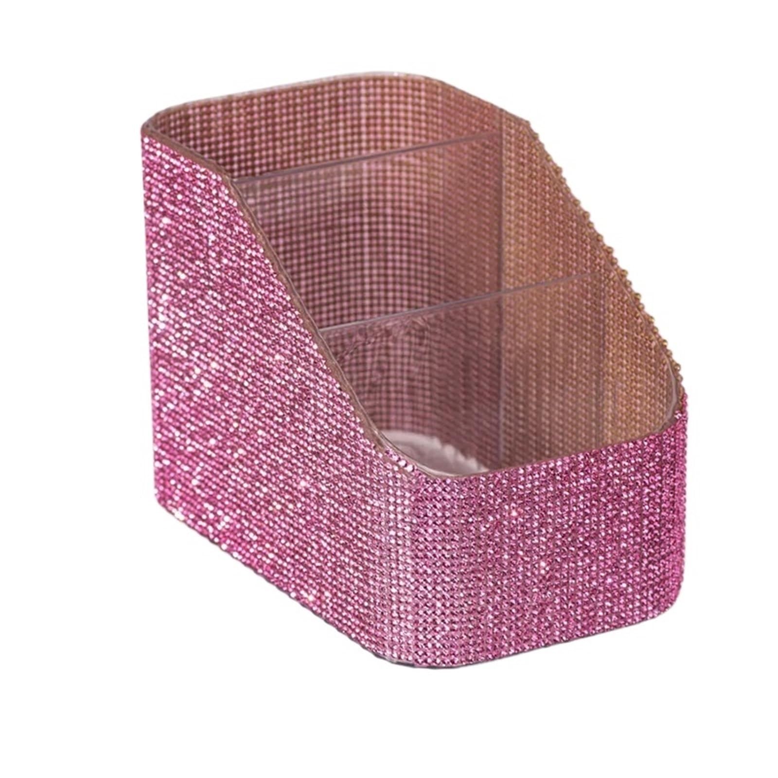 LOVSSU Sparkling Rhinestone Makeup Brush Organizer Plastic Compartment Large Capacity Brushes Cosmetic Storage Box(Pink)
