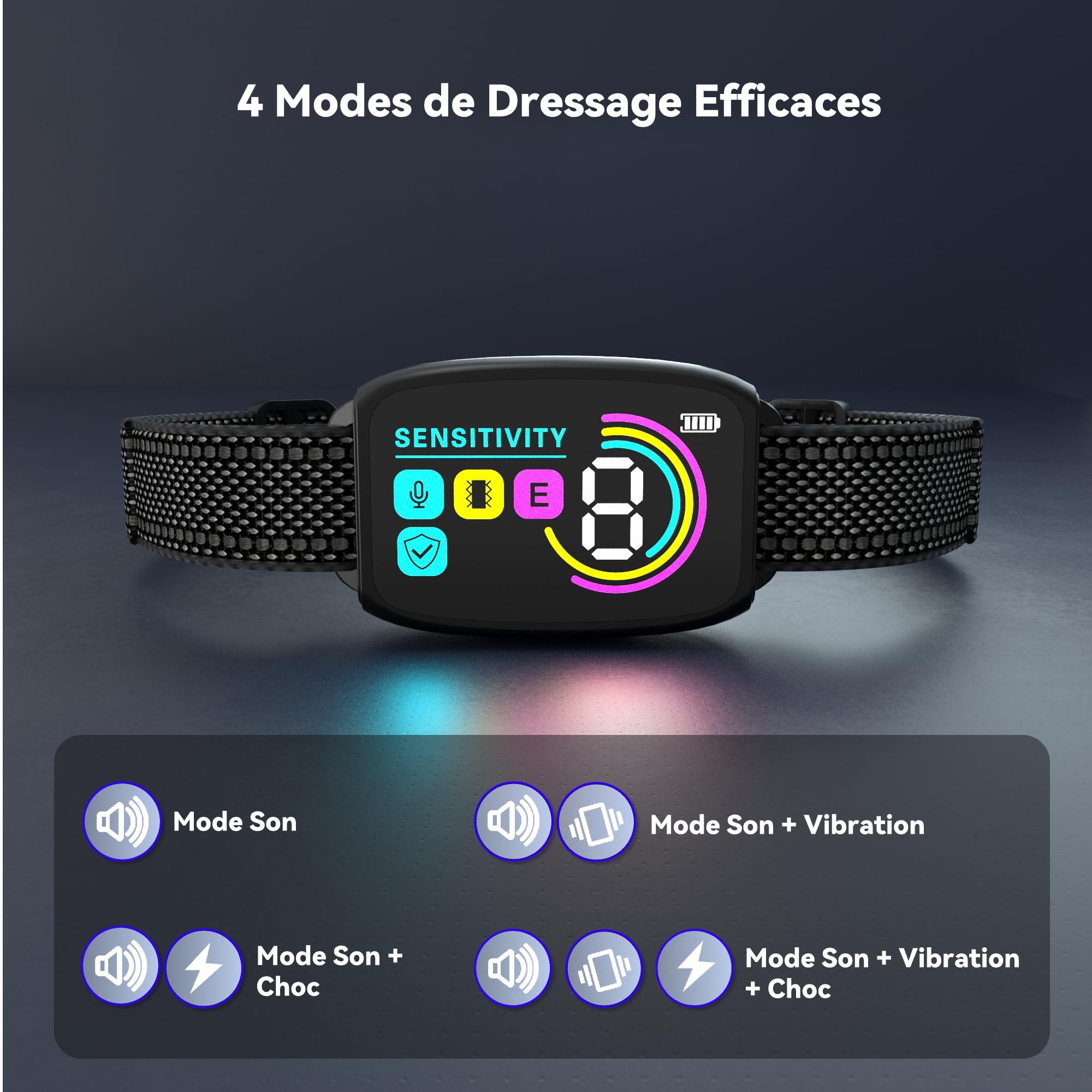 Meloive Collier Anti Aboiement Chien, Détection Intelligente des Aboiements, 4 Modes Vibration/Choc Statique/Son, 8 Niveau d'intensité, Rechargeable pour Gros Petit Chiens