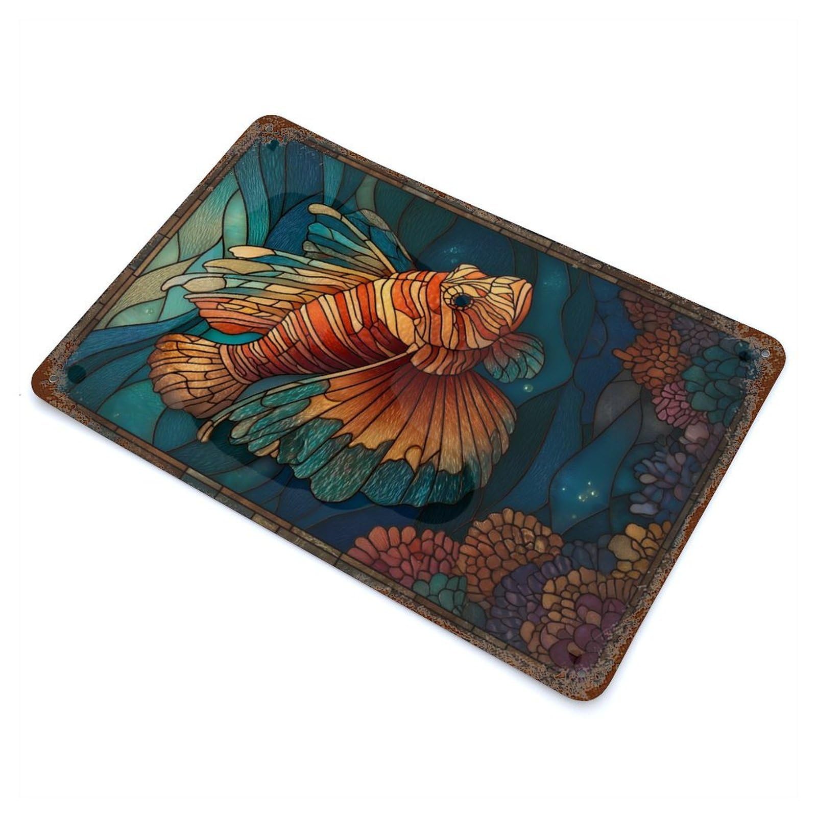 Stained Glass Lionfish Ocean Decorative Tin Sign 11.8"x7.9", for Bistro, Counter And Cafe Decor, Retro Wall Decor