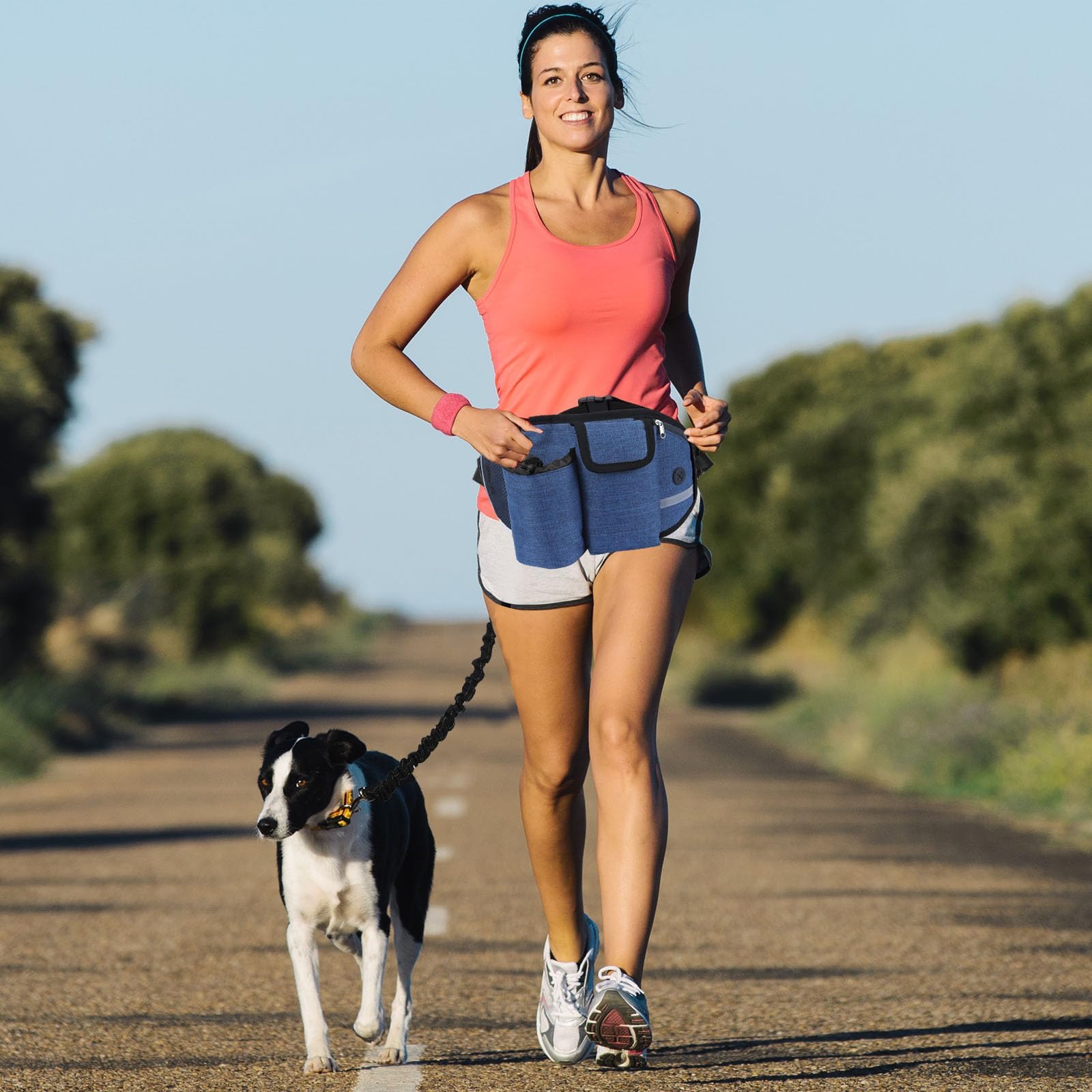 PETCUTE Laisse Mains Libres pour Chien, Ceinture Réglable de Laisse pour Chiens avec Sac de Ceinture,Couture Réfléchissante,Absorption de Choc, Idéal pour la Promenade et Le Jogging