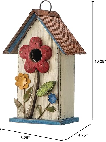Miniatura 51 de Glitzhome Casas para pájaros para exteriores, casa de pájaros de madera maciza envejecida de gran tamaño de 15 pulgadas de largo con flores 3D