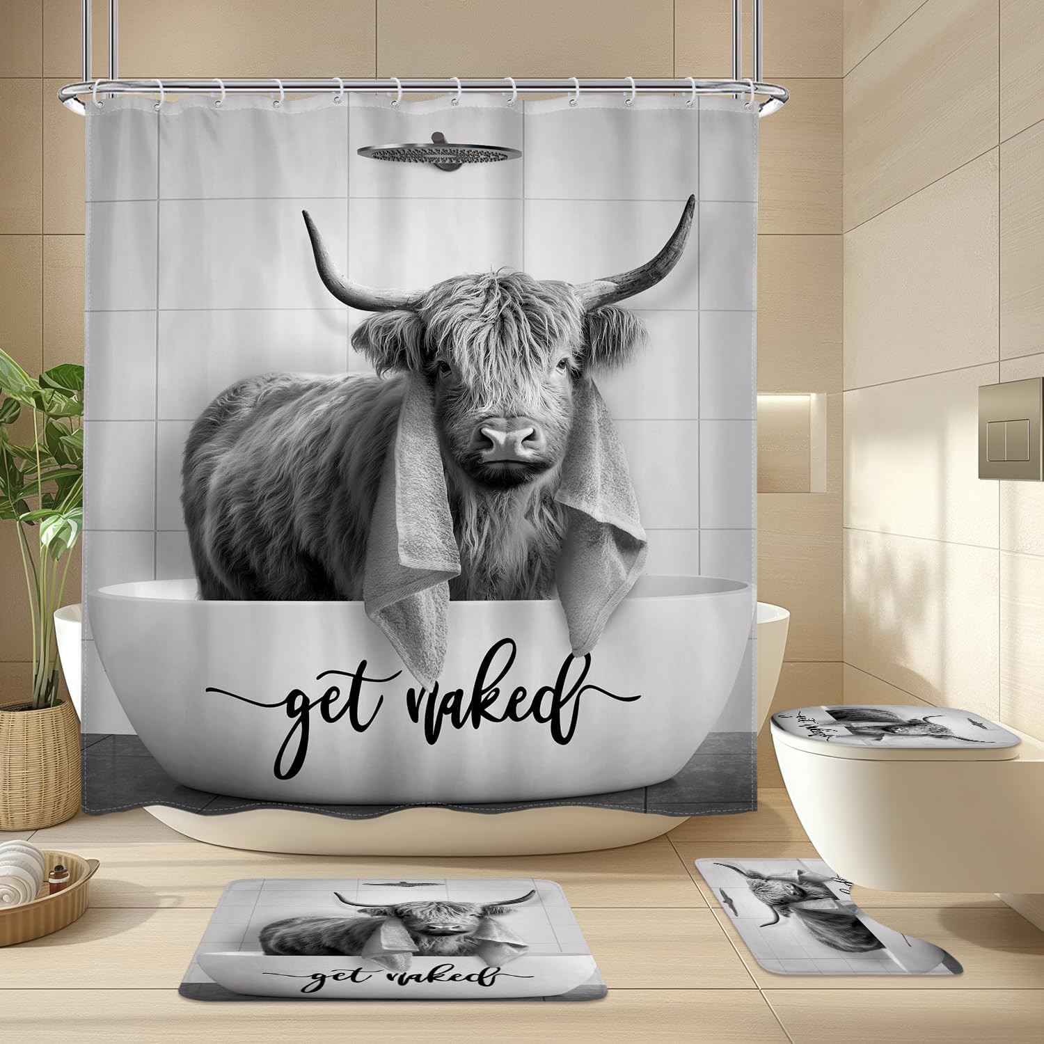 SVBright 4PCs Highland Cow Bathroom Sets Vintage Shower Curtain Set 72Wx72H Bull Farmhouse Animal Bathroom Rug Quick Dry Bath Rug Mat Toilet Mat U-Shape Cover Nonslip Washroom Decor Shower Accessories