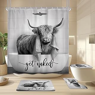SVBright 4PCs Highland Cow Bathroom Sets Vintage Shower Curtain Set 72Wx72H Bull Farmhouse Animal Bathroom Rug Quick Dry Bath Rug Mat Toilet Mat U-Shape Cover Nonslip Washroom Decor Shower Accessories