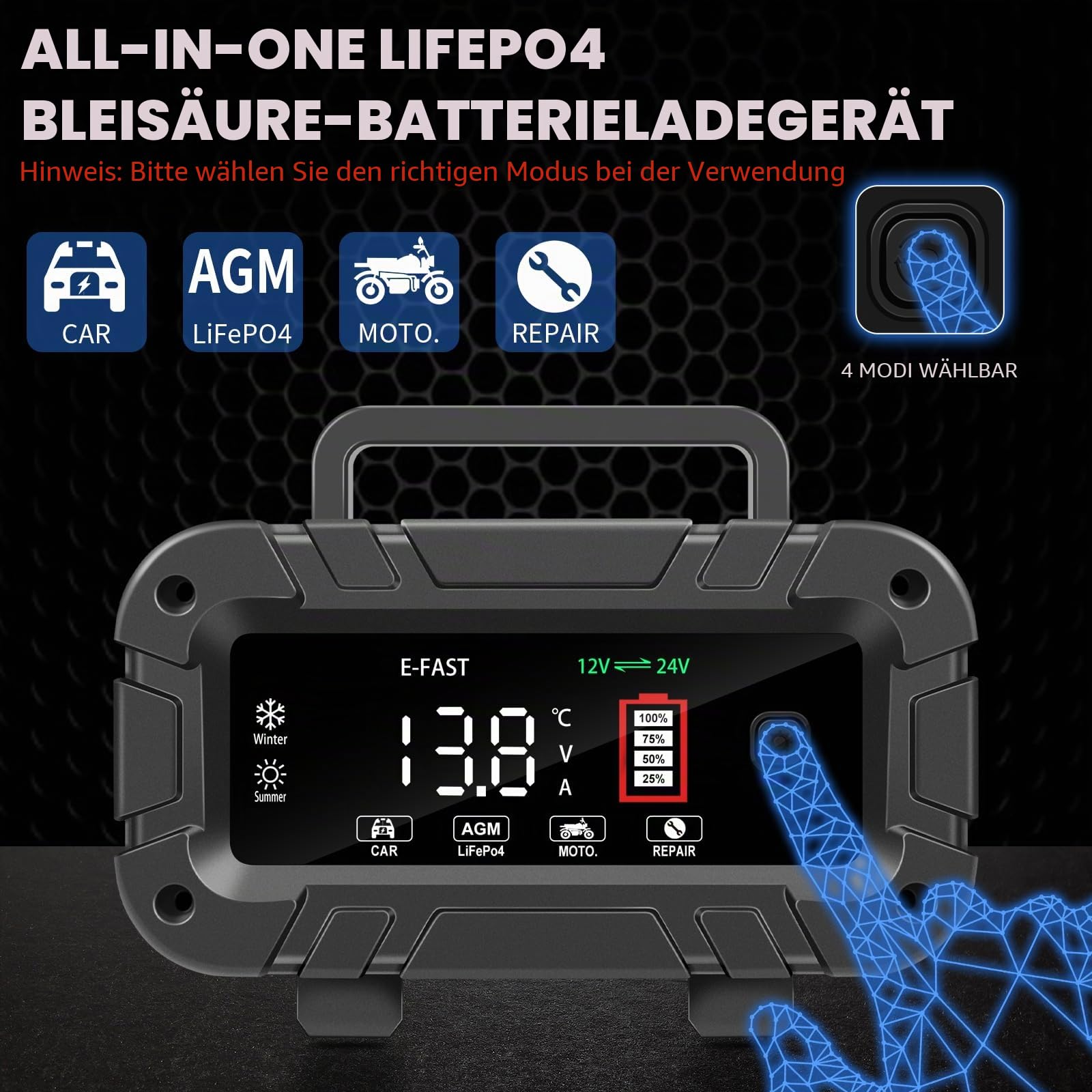 20A Autobatterie Ladegerät, 12V/24V Lifepo4 Smart Vollautomatische Ladegeräte für Autobatterien KFZ Batterieladegerät mit LCD-Bildschirm für Auto LKW Motorrad Rasenmäher Boot