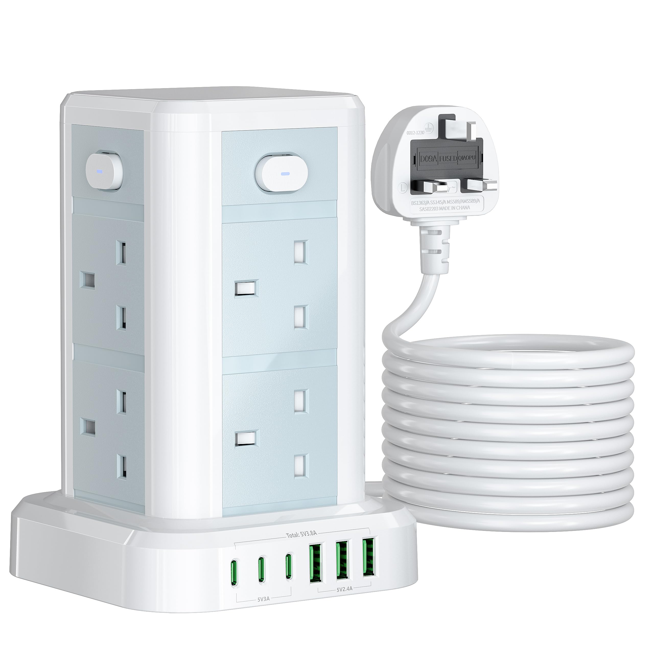 Tower Extension lead with USB Slots, Toomke 8 Way (13A/3250W) Plug Extension Socket Tower with 3 USB C and 3 USB A, Overload Protection Extension Cord with 4 Independent Switches, Power Cord 1.8M — view 8