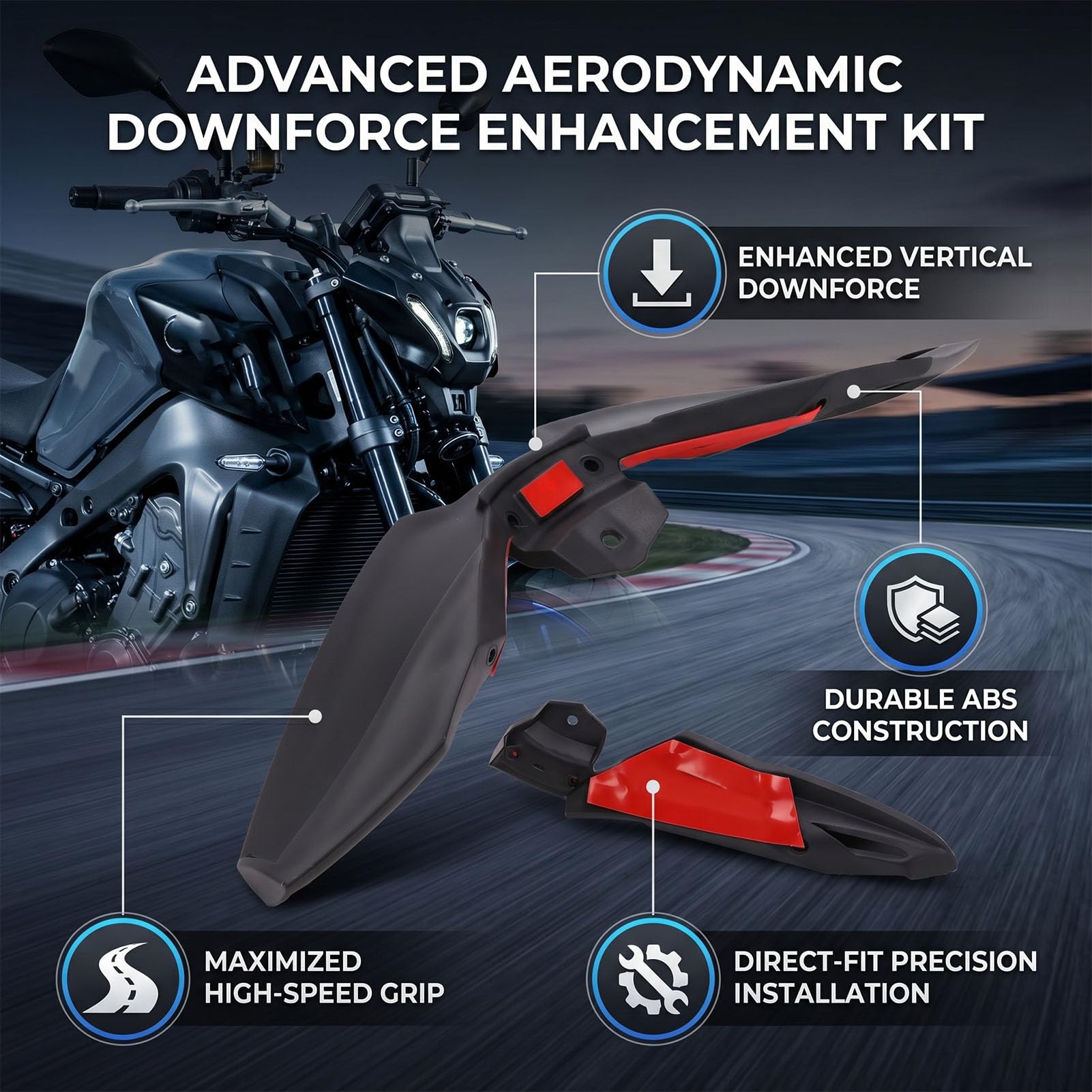 Spoiler Avant de Moto en ABS Noir de Remplacement pour MT09 MT09 SP 2024-2026, avec Conception Aérodynamique Réglable pour Une Force d'appui et Une stabilité Accrues