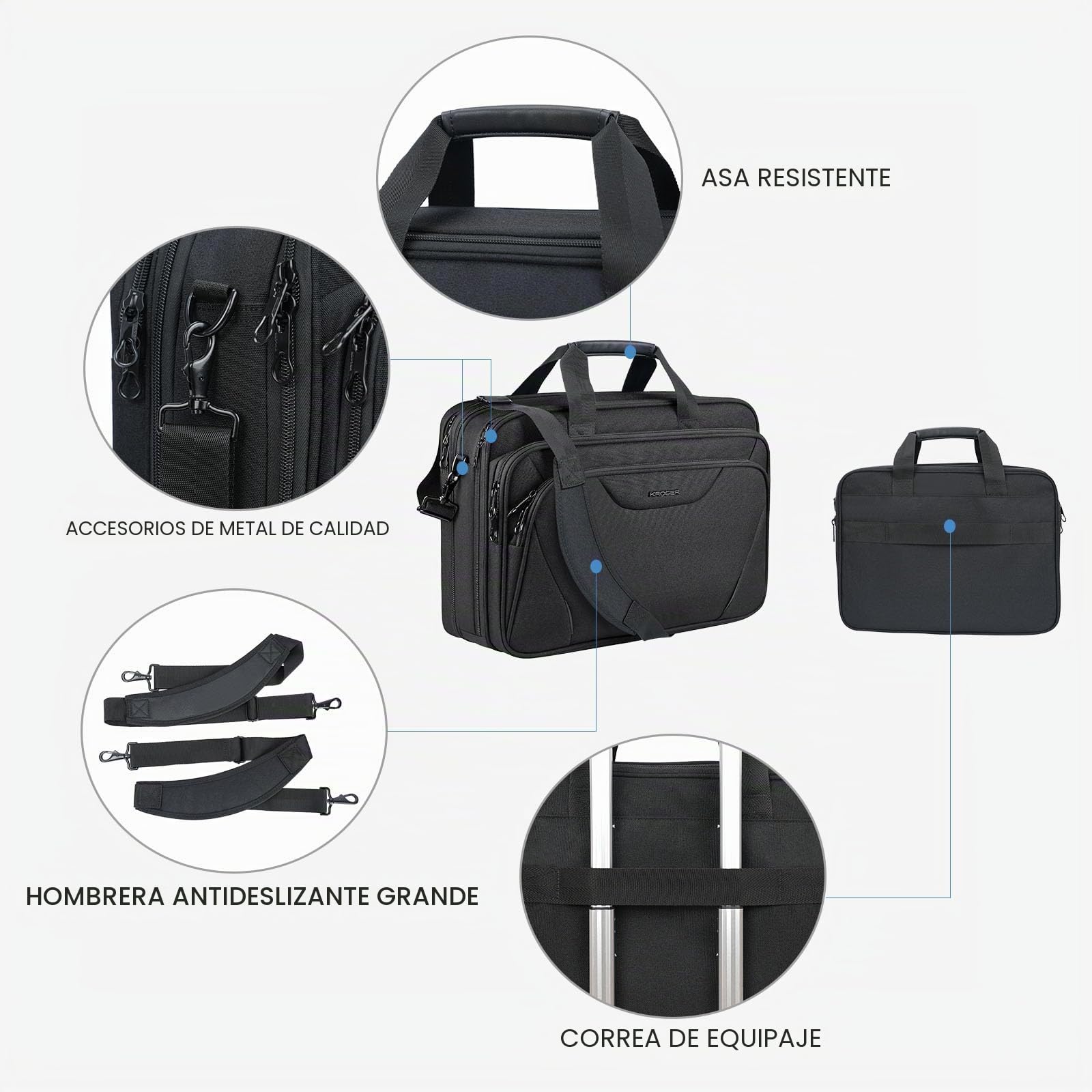 KROSER Maletín para portátil para portátil de hasta 17.3 pulgadas para portátil de 17.3 pulgadas, expandible repelente al agua, bolsa de mensajero para viajes, negocios, escuela，Negro